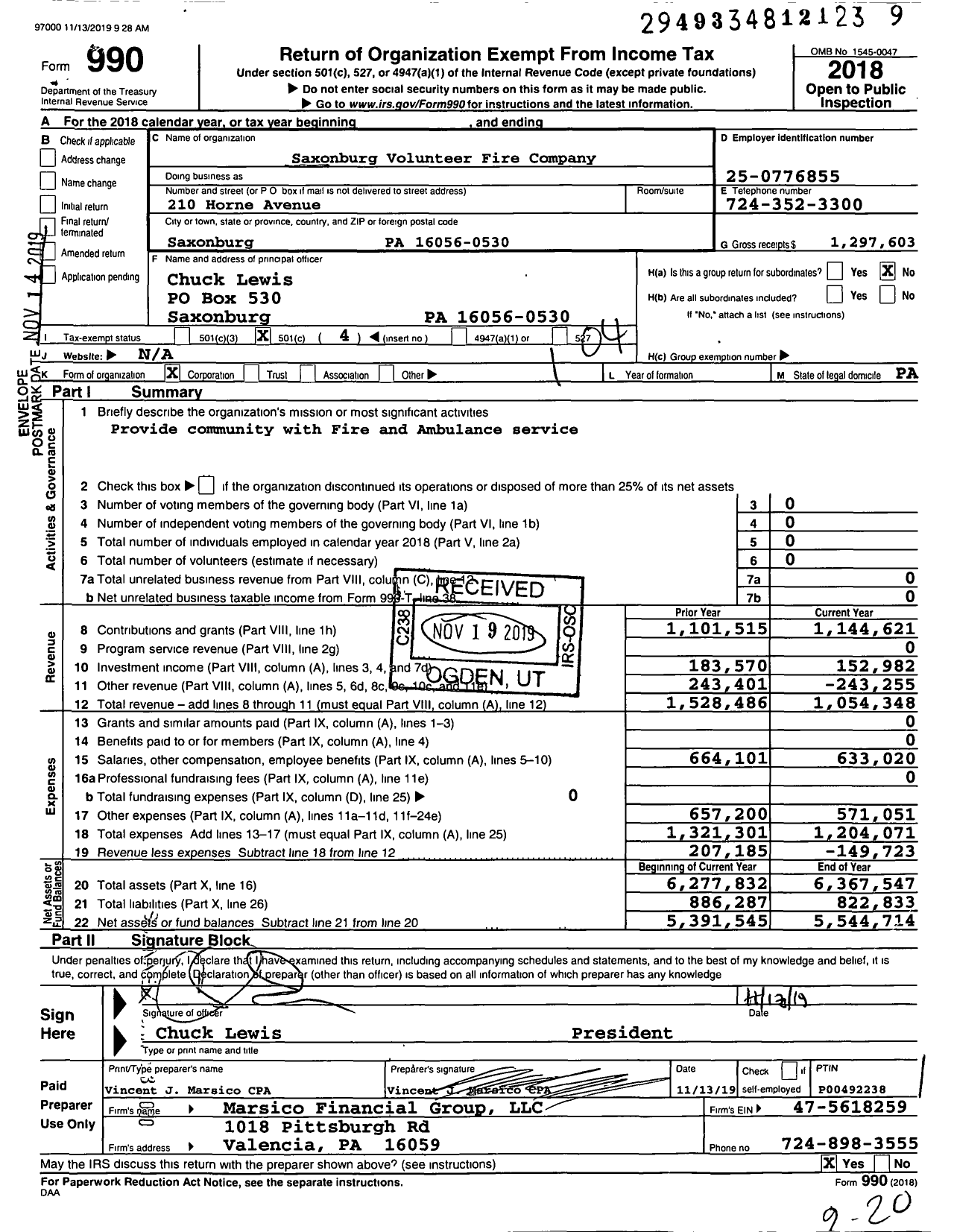 Image of first page of 2018 Form 990O for Saxonburg Volunteer Fire Company (SVFC)