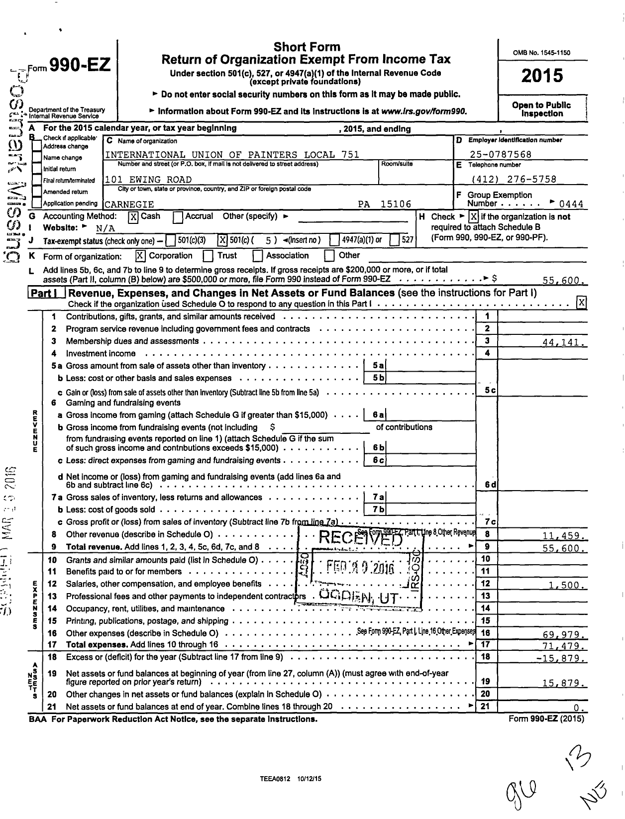 Image of first page of 2015 Form 990EO for International Union of Painters and Allied Trades - 751 Glaziers Architectural Metal An