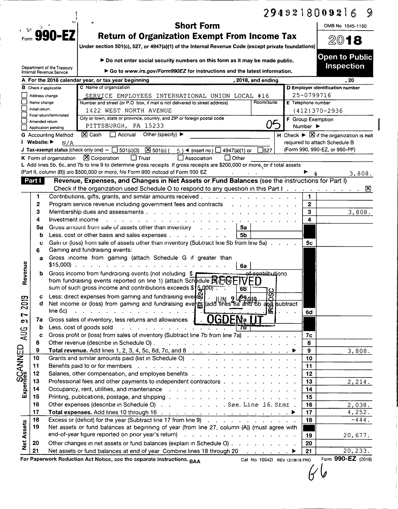 Image of first page of 2018 Form 990EO for Service Employees International Union - 16 Window Cleaners Local