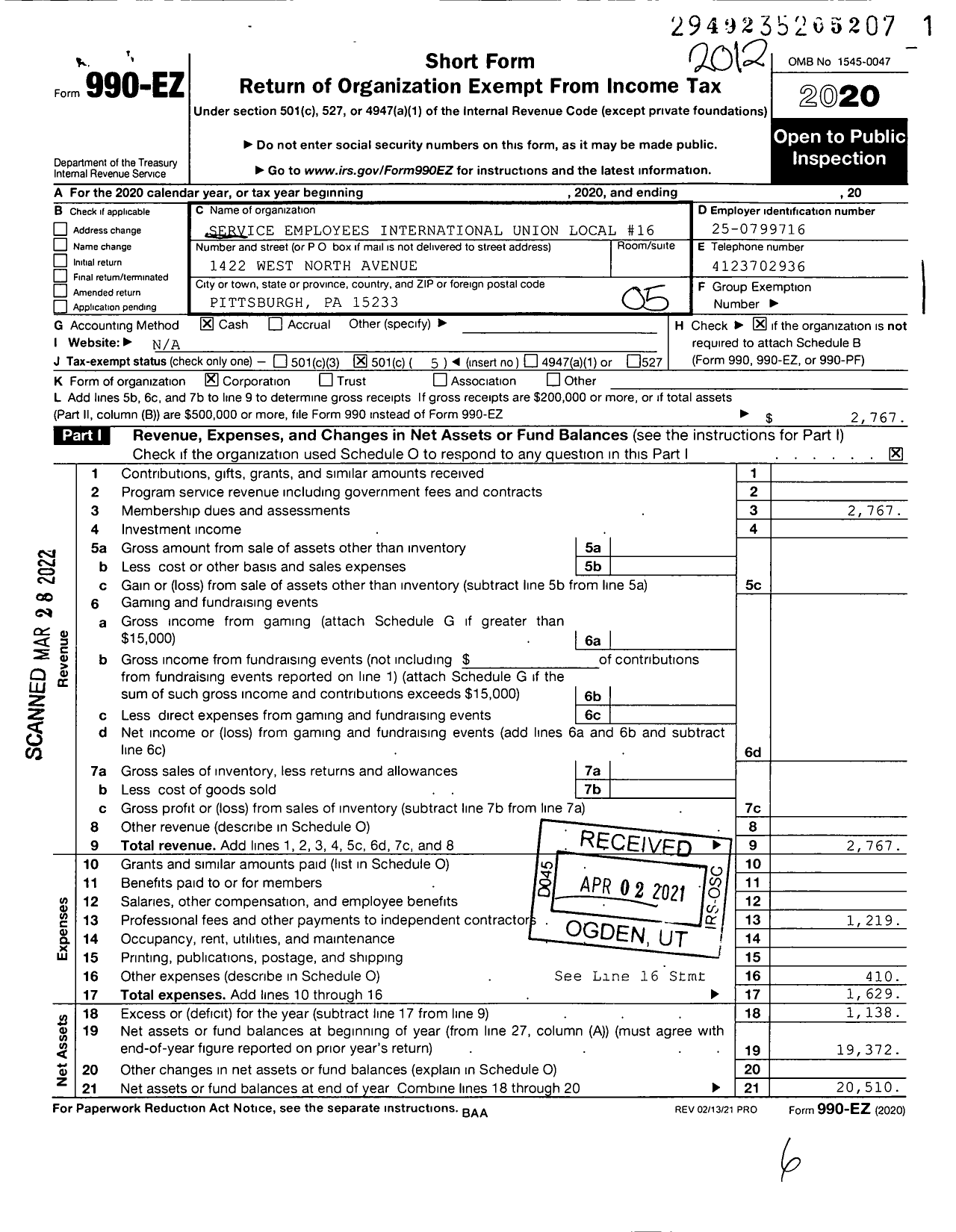 Image of first page of 2020 Form 990EO for Service Employees International Union - 16 Window Cleaners Local