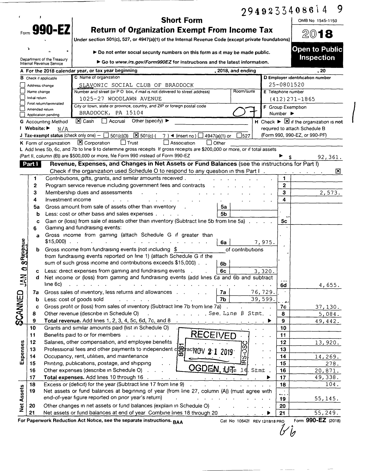 Image of first page of 2018 Form 990EO for Slavonic Social Club of Braddock