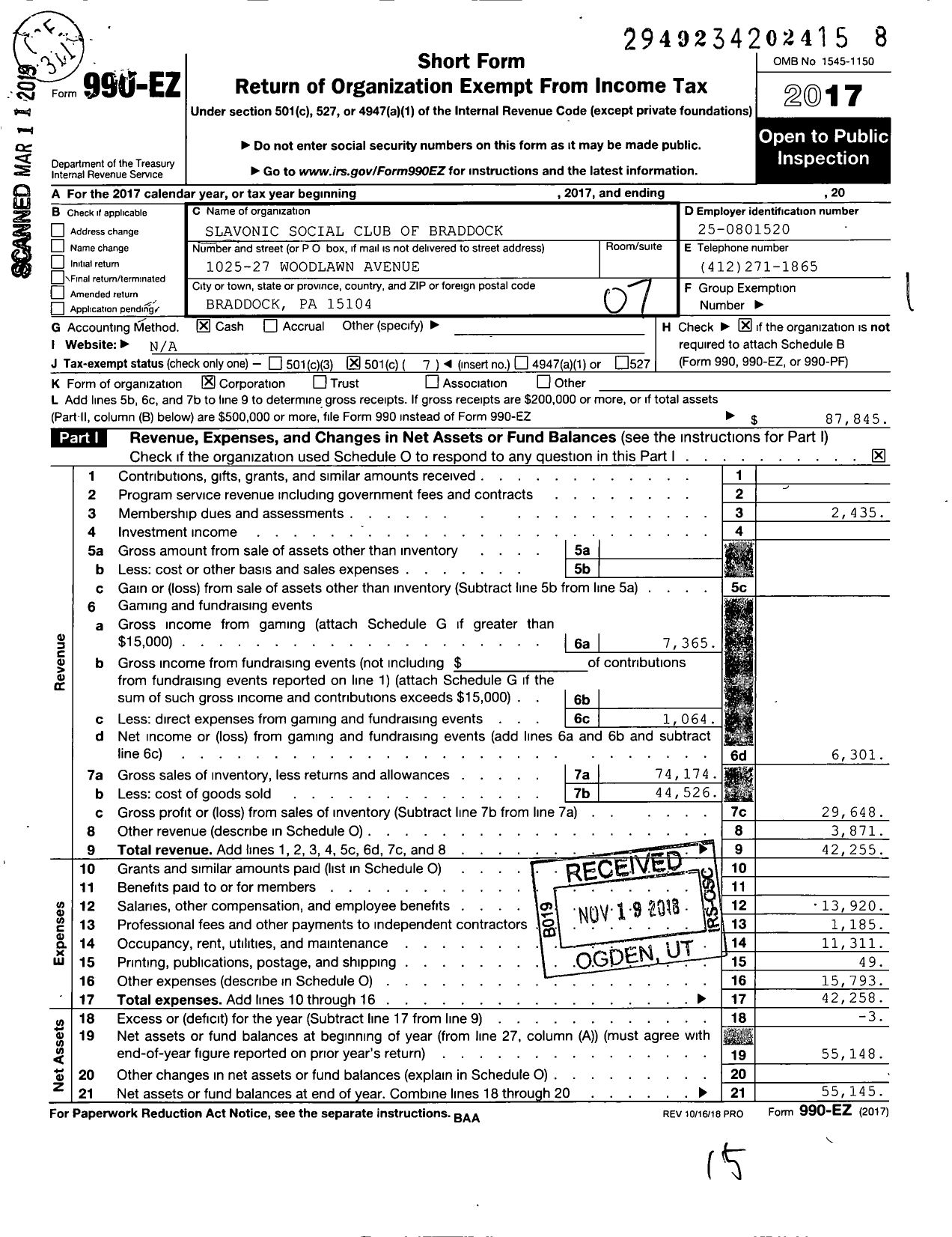 Image of first page of 2017 Form 990EO for Slavonic Social Club of Braddock