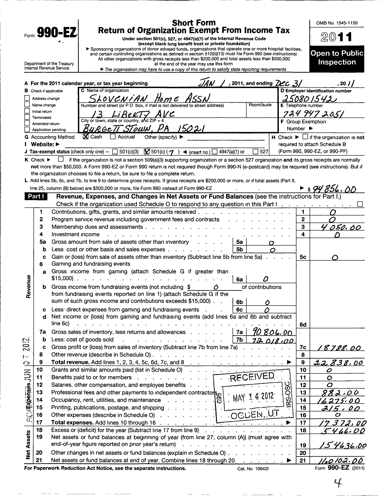 Image of first page of 2011 Form 990EO for Slovenian Home Association