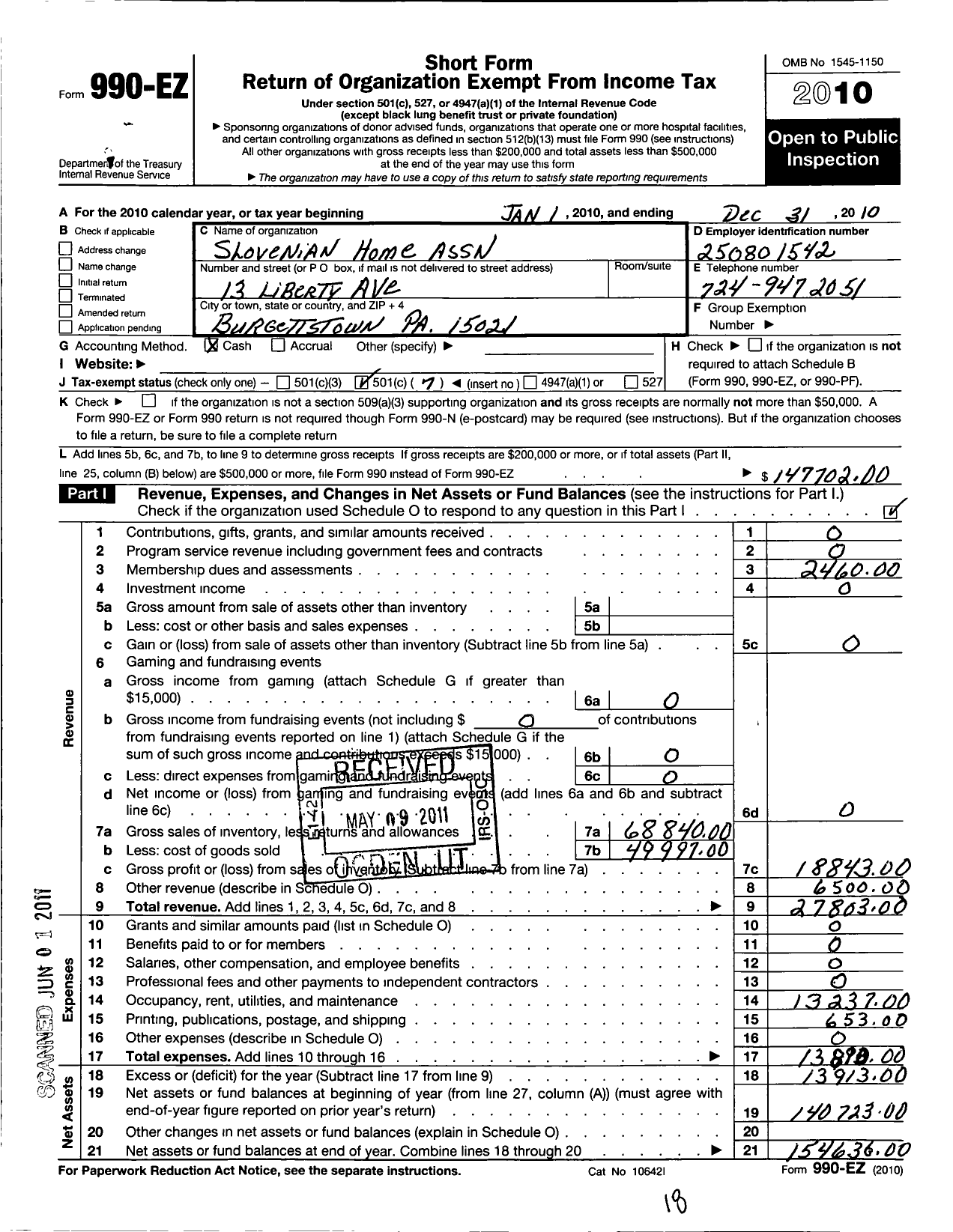 Image of first page of 2010 Form 990EO for Slovenian Home Association