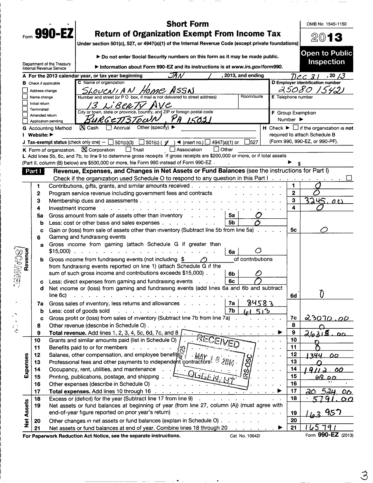 Image of first page of 2013 Form 990EO for Slovenian Home Association