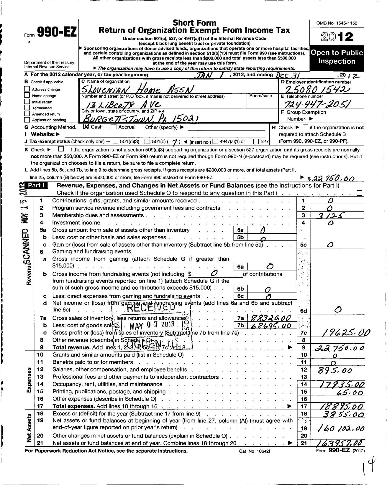 Image of first page of 2012 Form 990EO for Slovenian Home Association