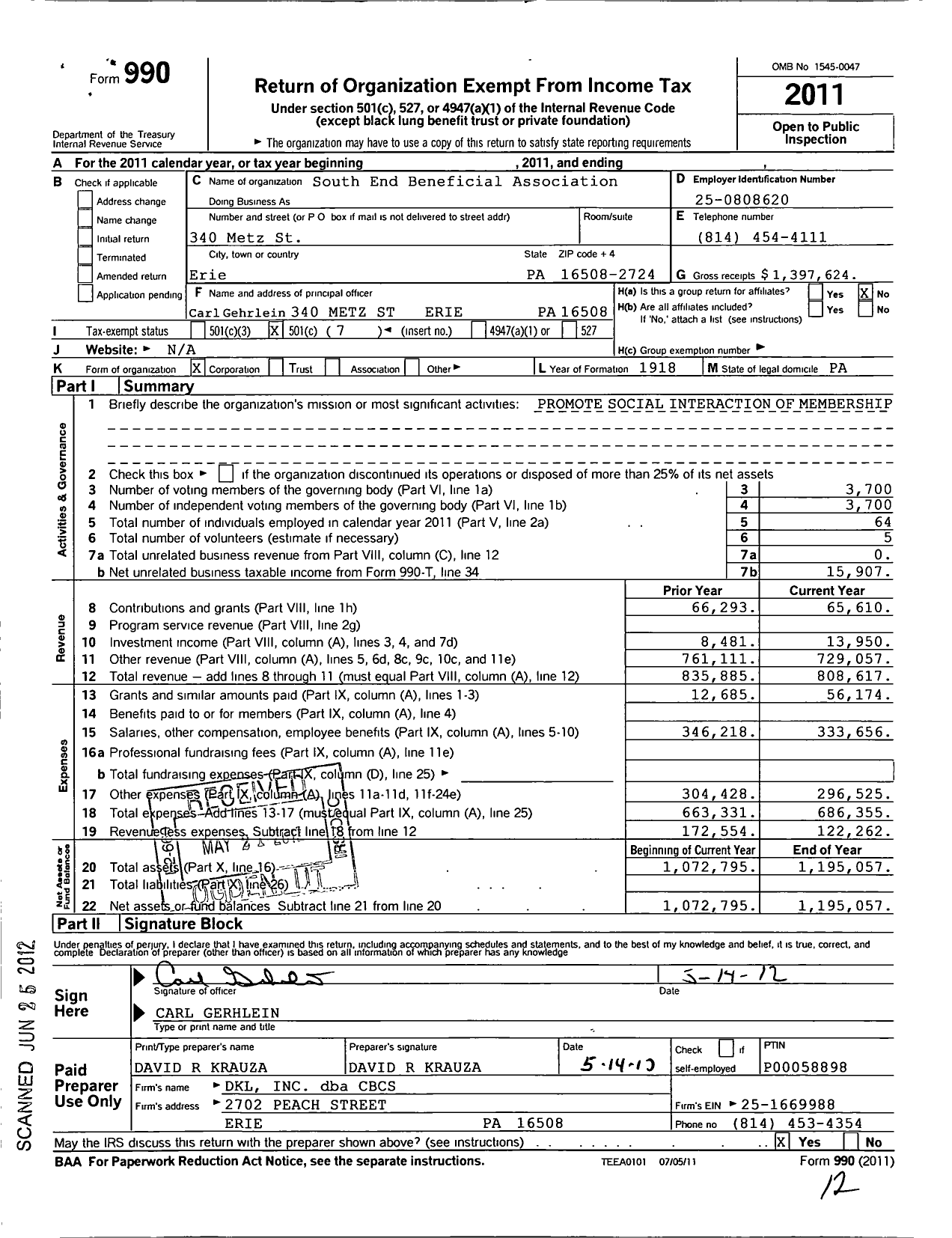 Image of first page of 2011 Form 990O for Sunflower Club