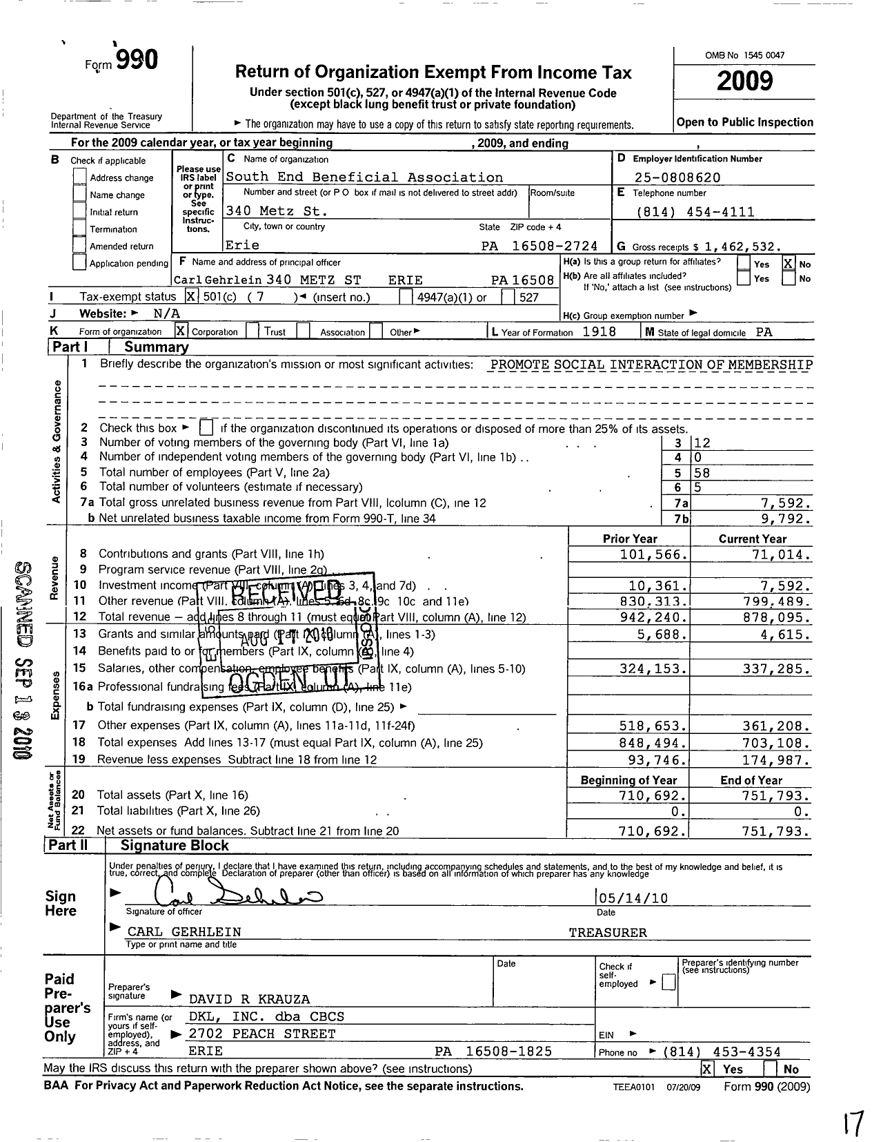 Image of first page of 2009 Form 990O for Sunflower Club