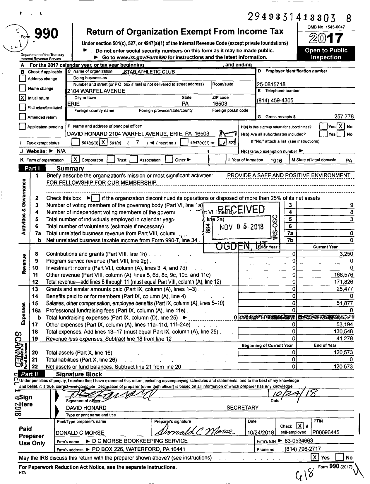 Image of first page of 2017 Form 990O for Star Athletic Club