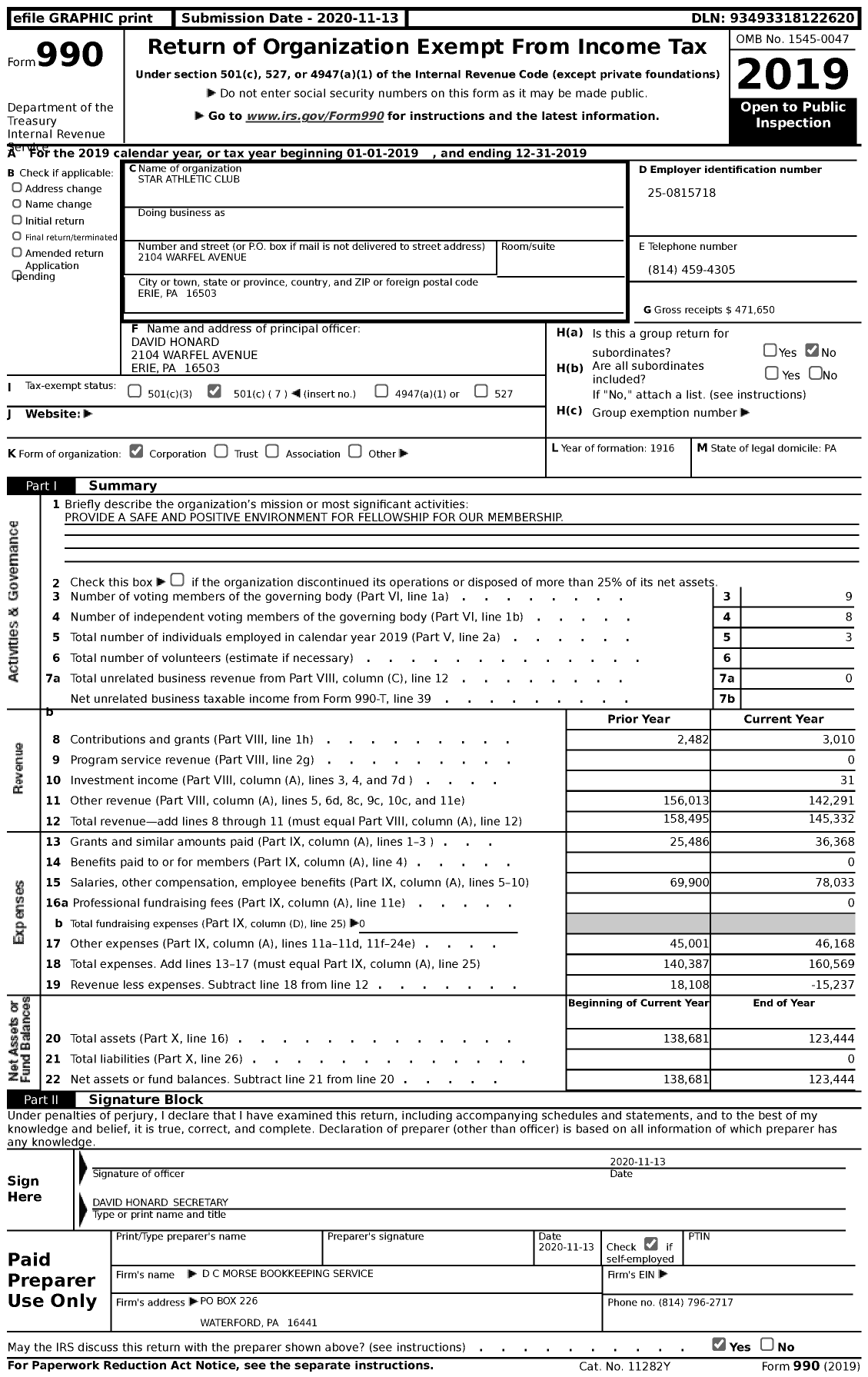 Image of first page of 2019 Form 990 for Star Athletic Club