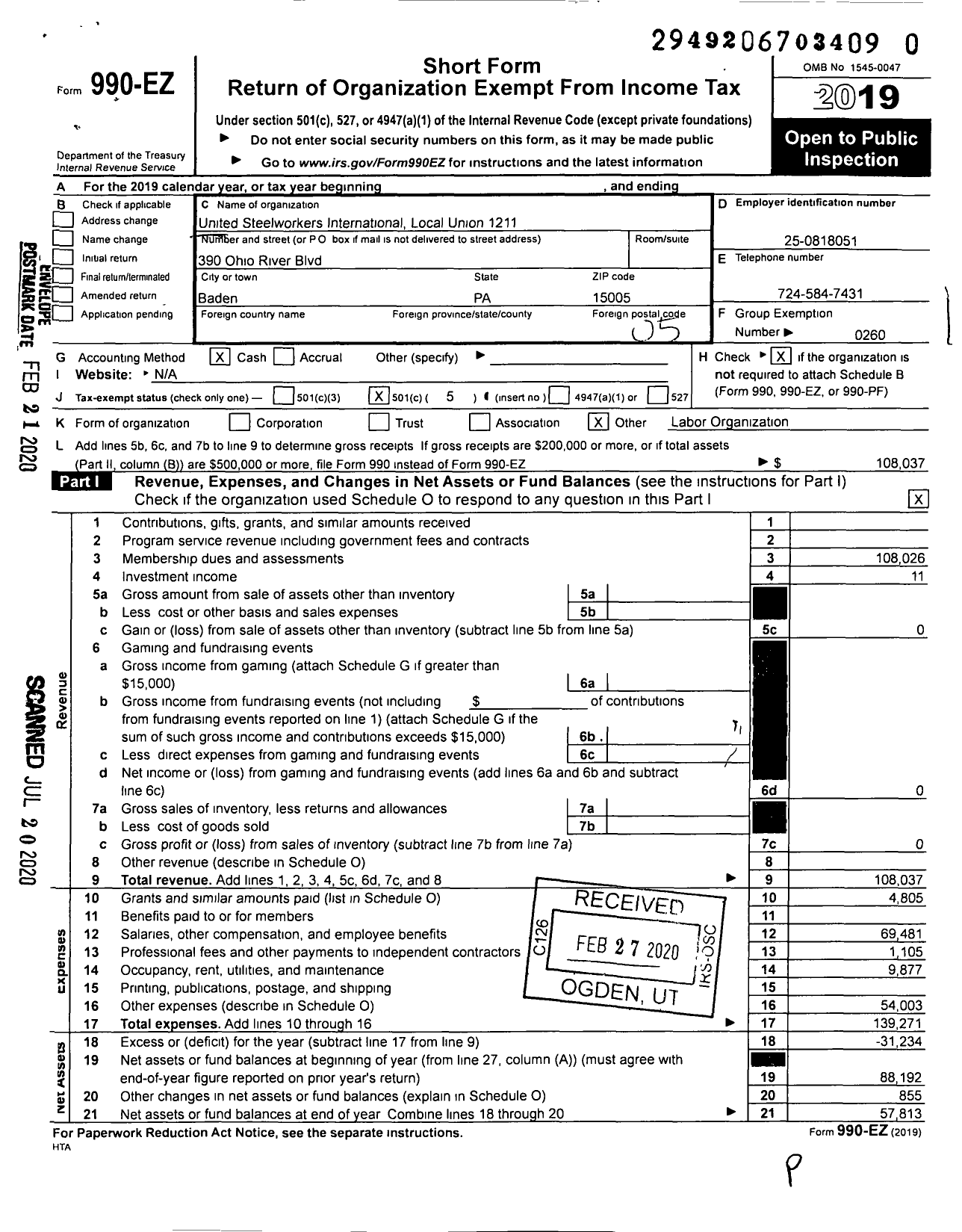 Image of first page of 2019 Form 990EO for United Steelworkers - 1211 Local