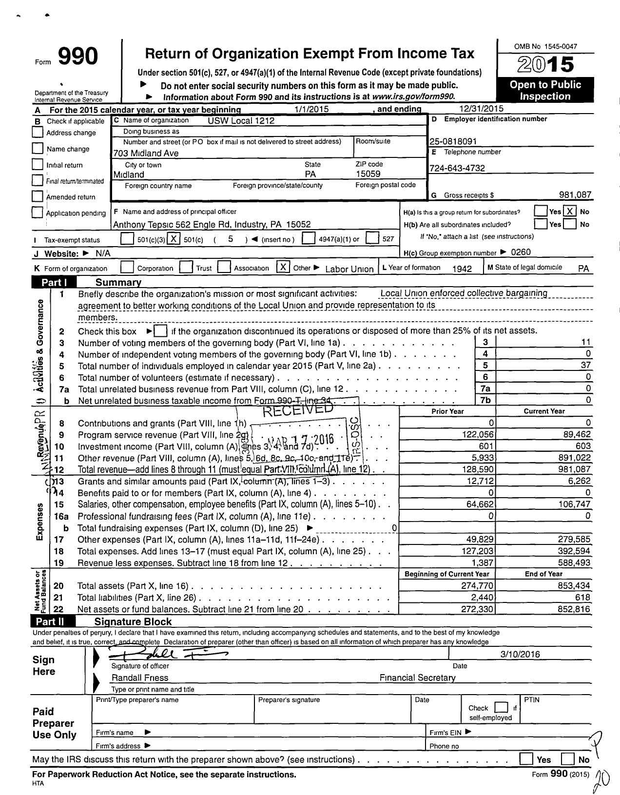 Image of first page of 2015 Form 990O for United Steelworkers - 01212 Local