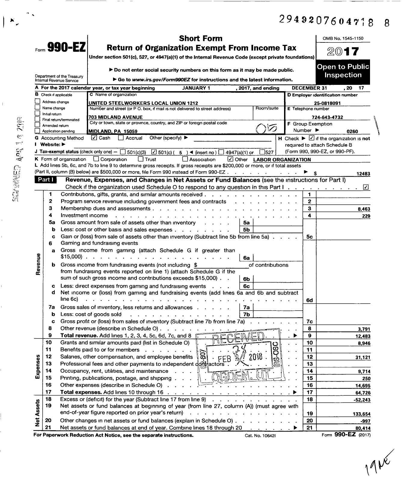 Image of first page of 2017 Form 990EO for United Steelworkers - 01212 Local