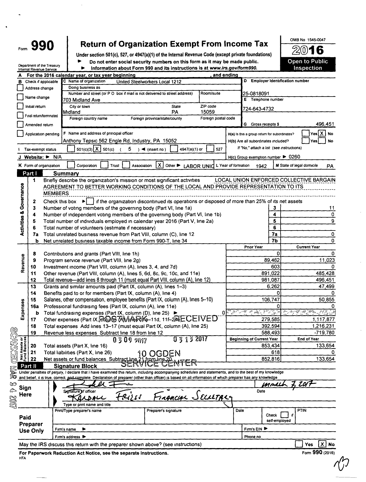 Image of first page of 2016 Form 990O for United Steelworkers - 01212 Local