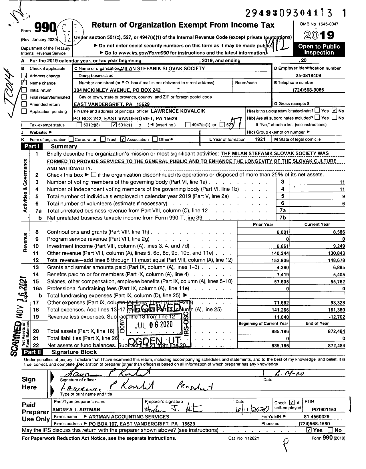 Image of first page of 2019 Form 990O for Milan Stefanik Slovak Society