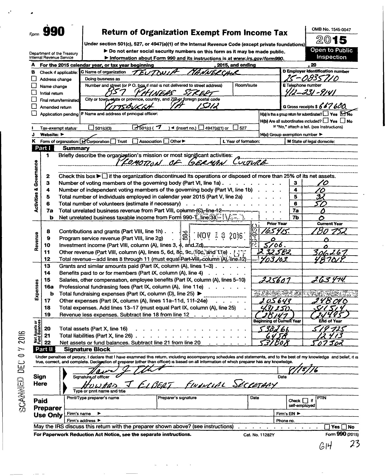 Image of first page of 2015 Form 990O for Teutonia Mannerchor of Allegheny City