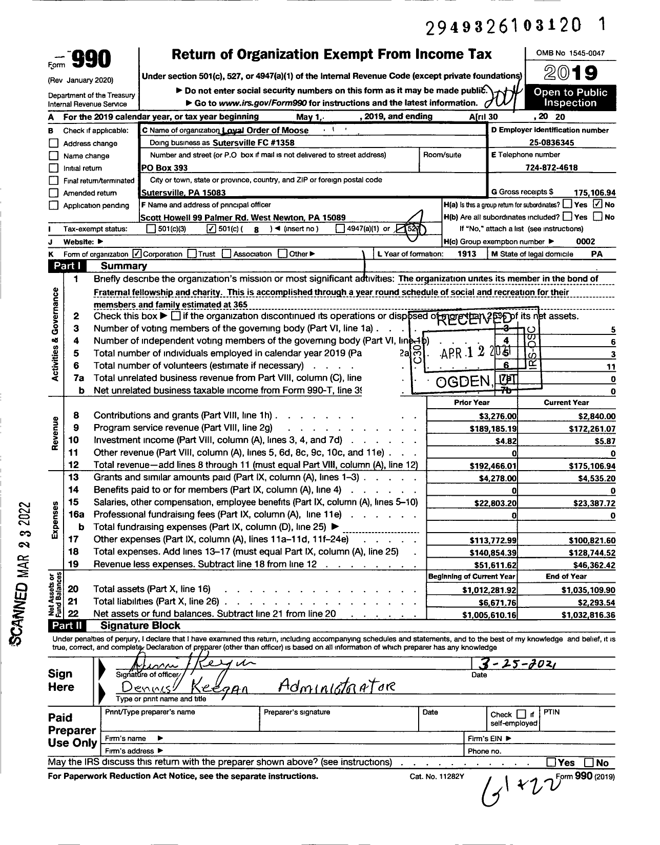 Image of first page of 2019 Form 990O for Loyal Order of Moose - Sutersville FC Lodge 1358