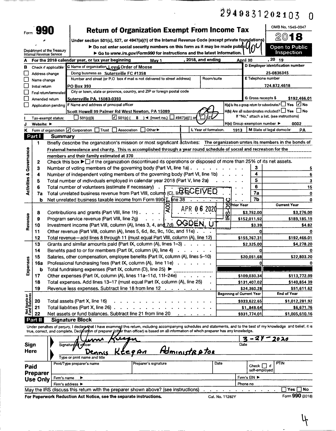 Image of first page of 2018 Form 990O for Loyal Order of Moose - Sutersville FC Lodge 1358