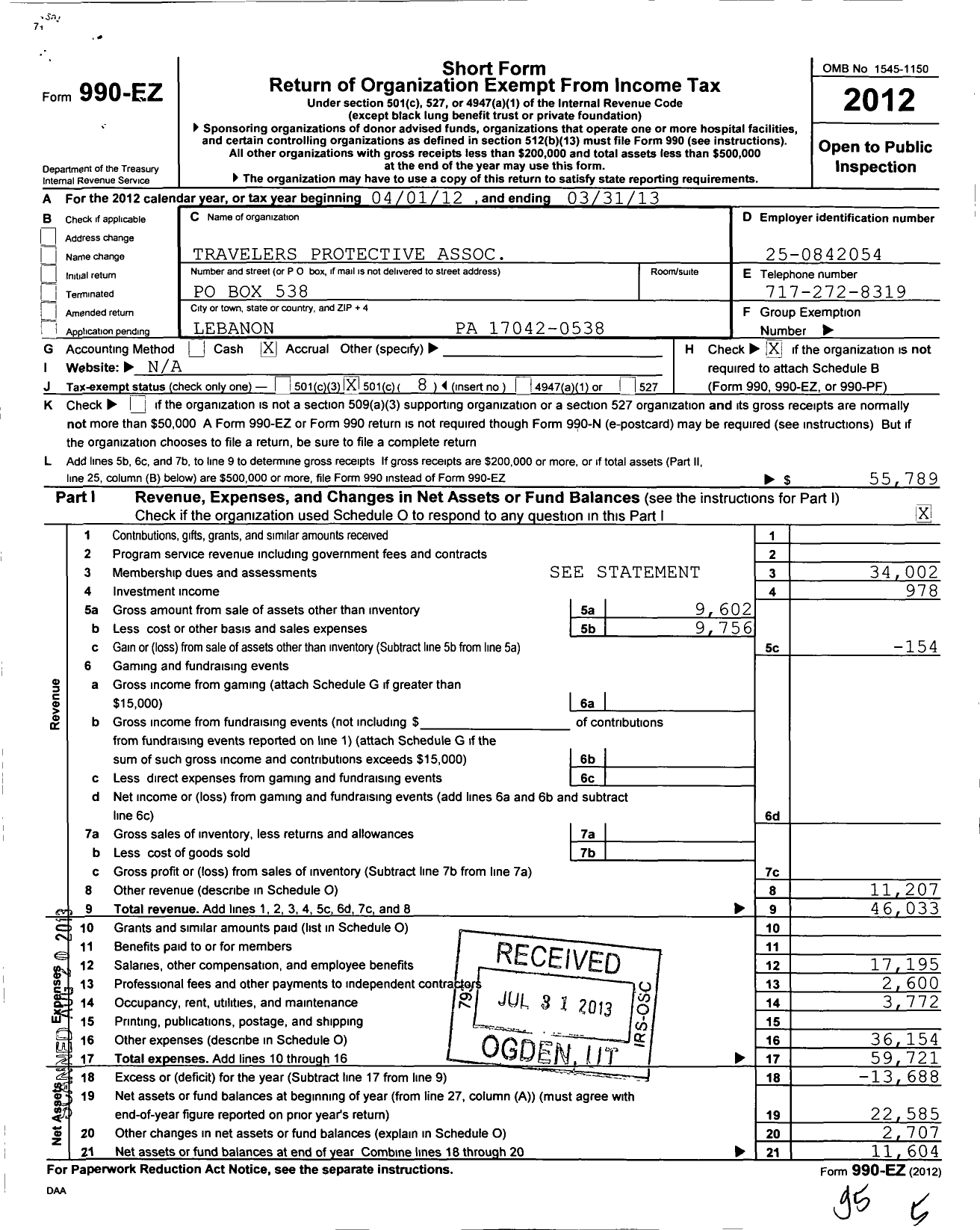 Image of first page of 2012 Form 990EO for Travelers Protective Association of America / Pennsylvania Division