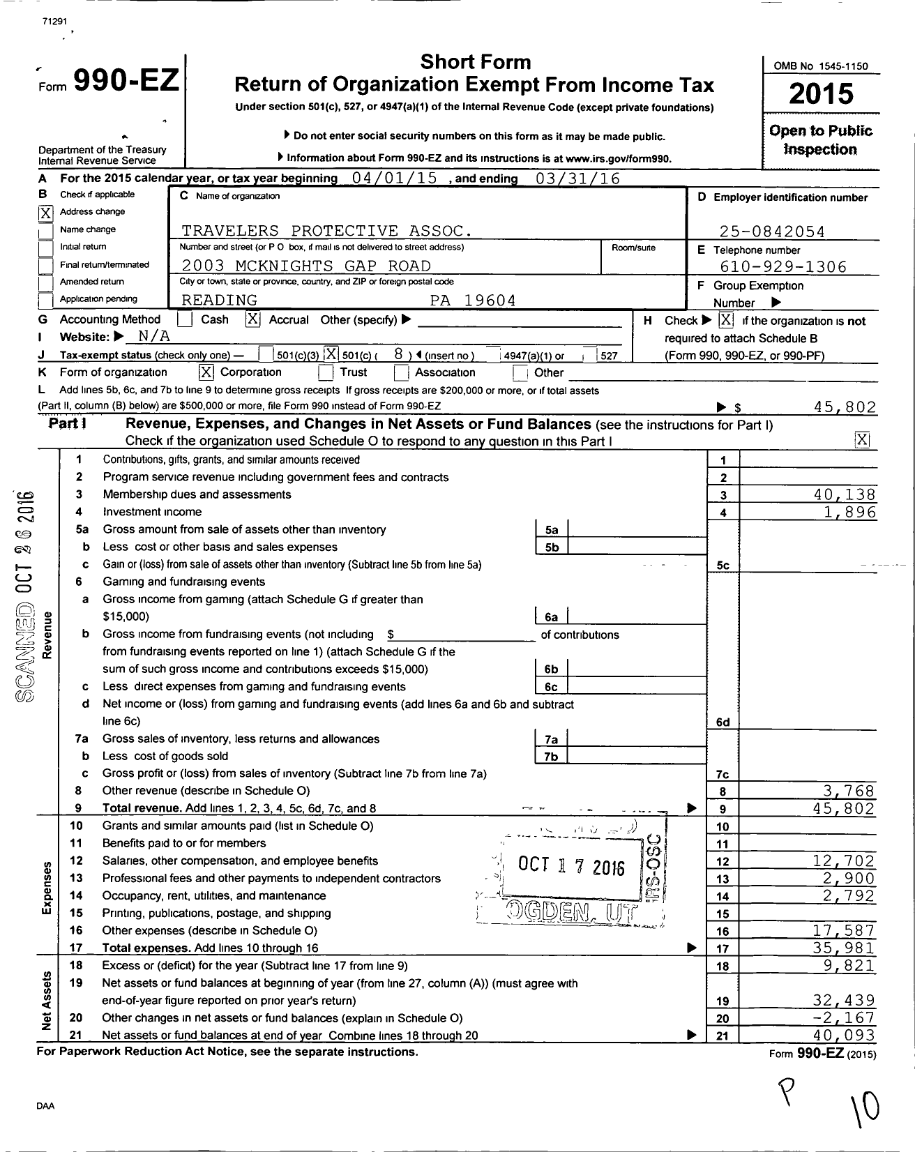 Image of first page of 2015 Form 990EO for Travelers Protective Association of America / Pennsylvania Division