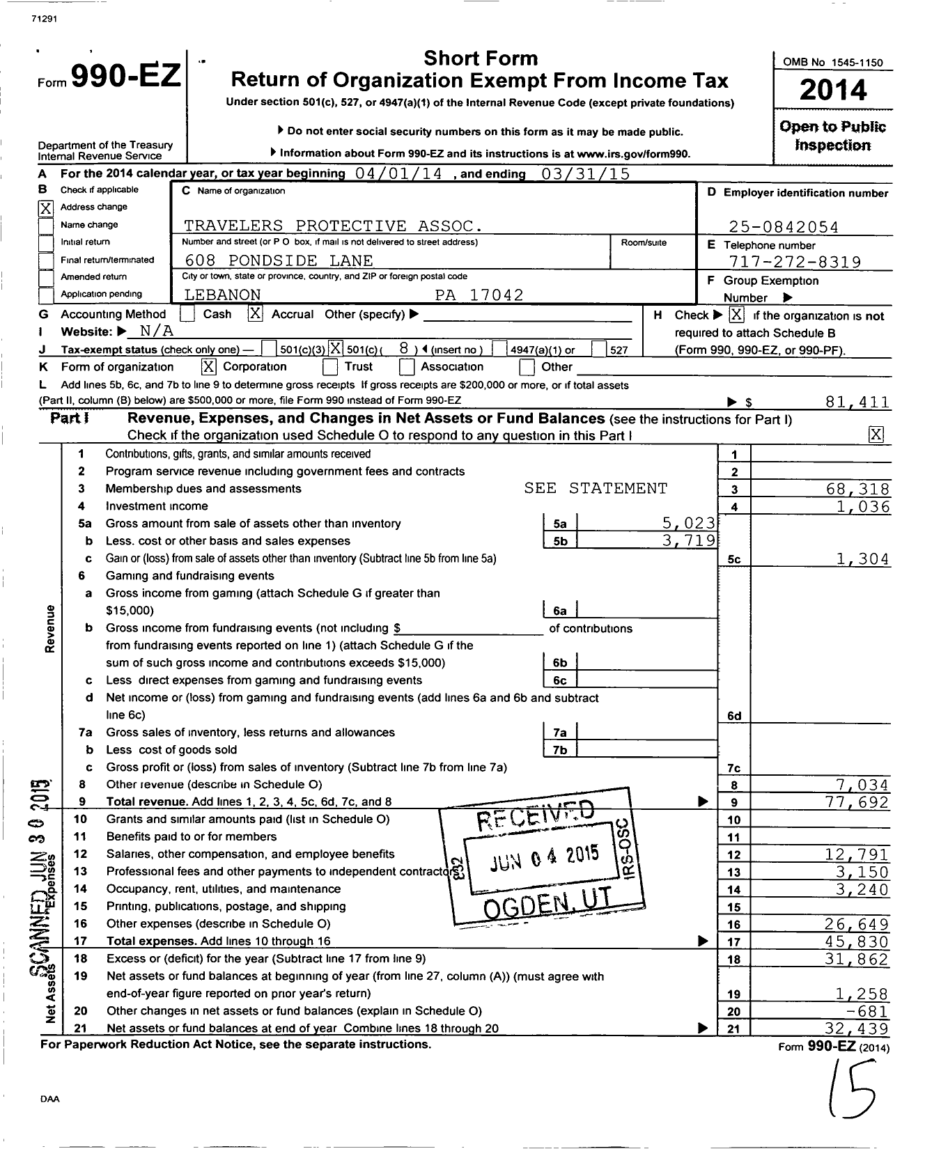 Image of first page of 2014 Form 990EO for Travelers Protective Association of America / Pennsylvania Division