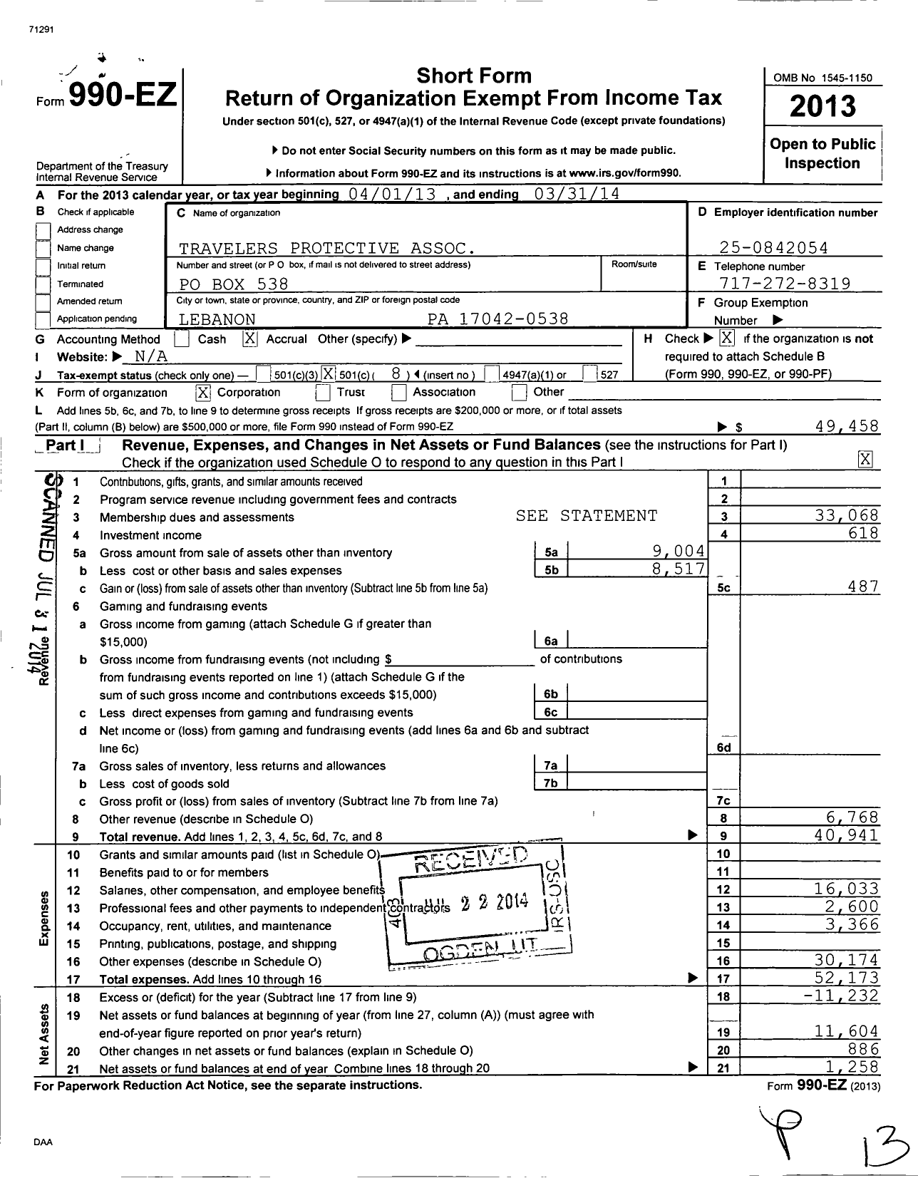 Image of first page of 2013 Form 990EO for Travelers Protective Association of America / Pennsylvania Division