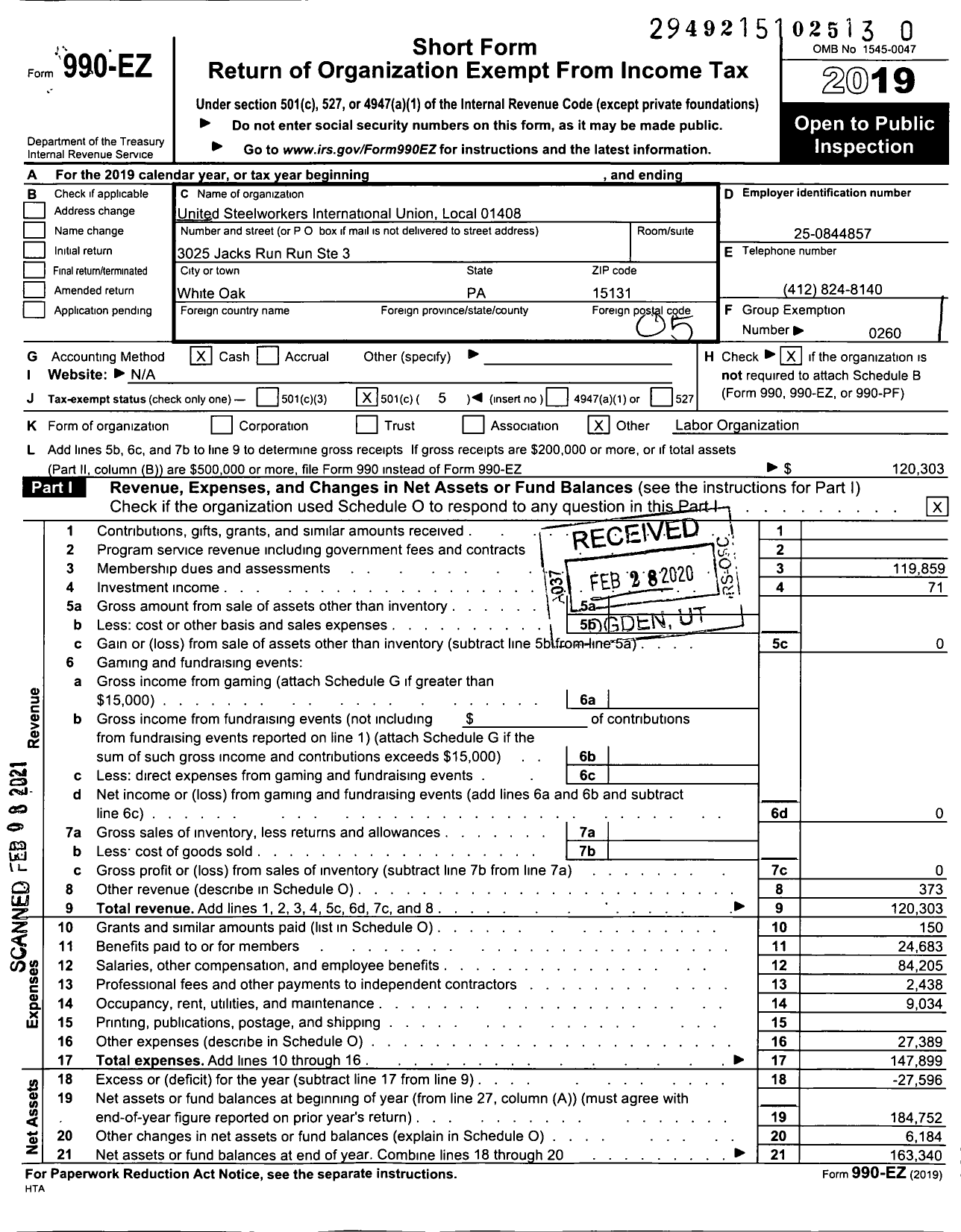 Image of first page of 2019 Form 990EO for United Steelworkers Local Union 1408