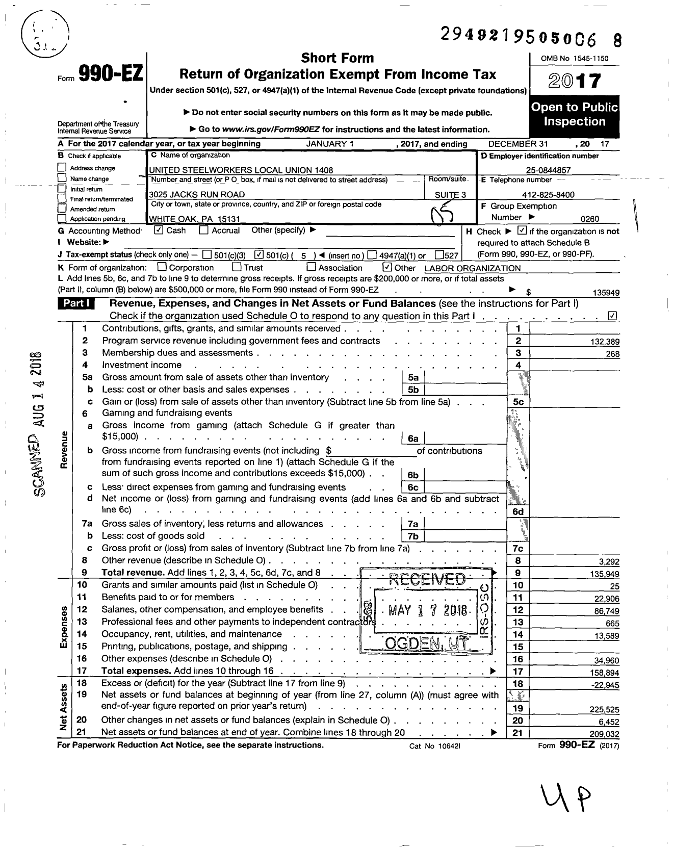 Image of first page of 2017 Form 990EO for United Steelworkers Local Union 1408