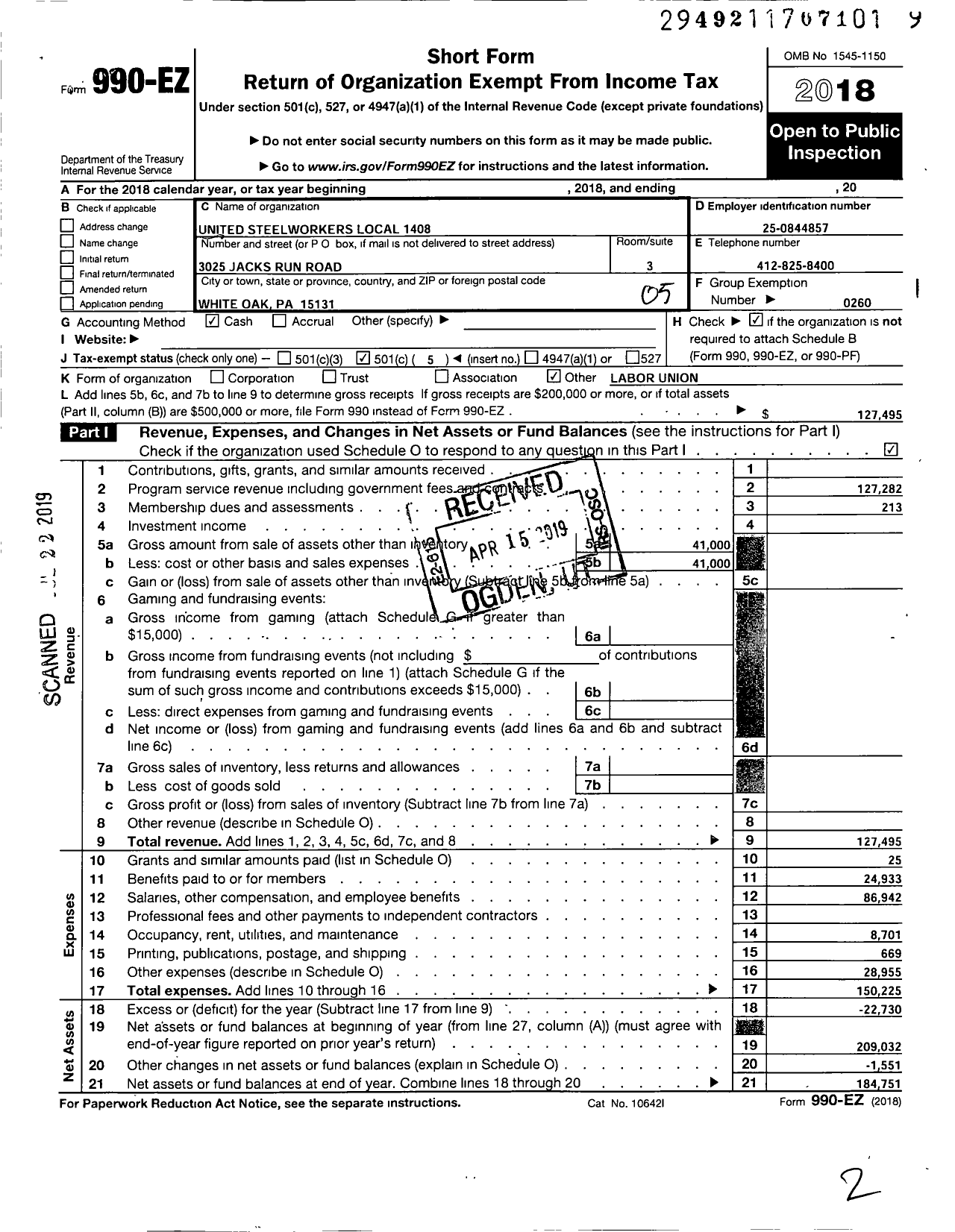 Image of first page of 2018 Form 990EO for United Steelworkers Local Union 1408