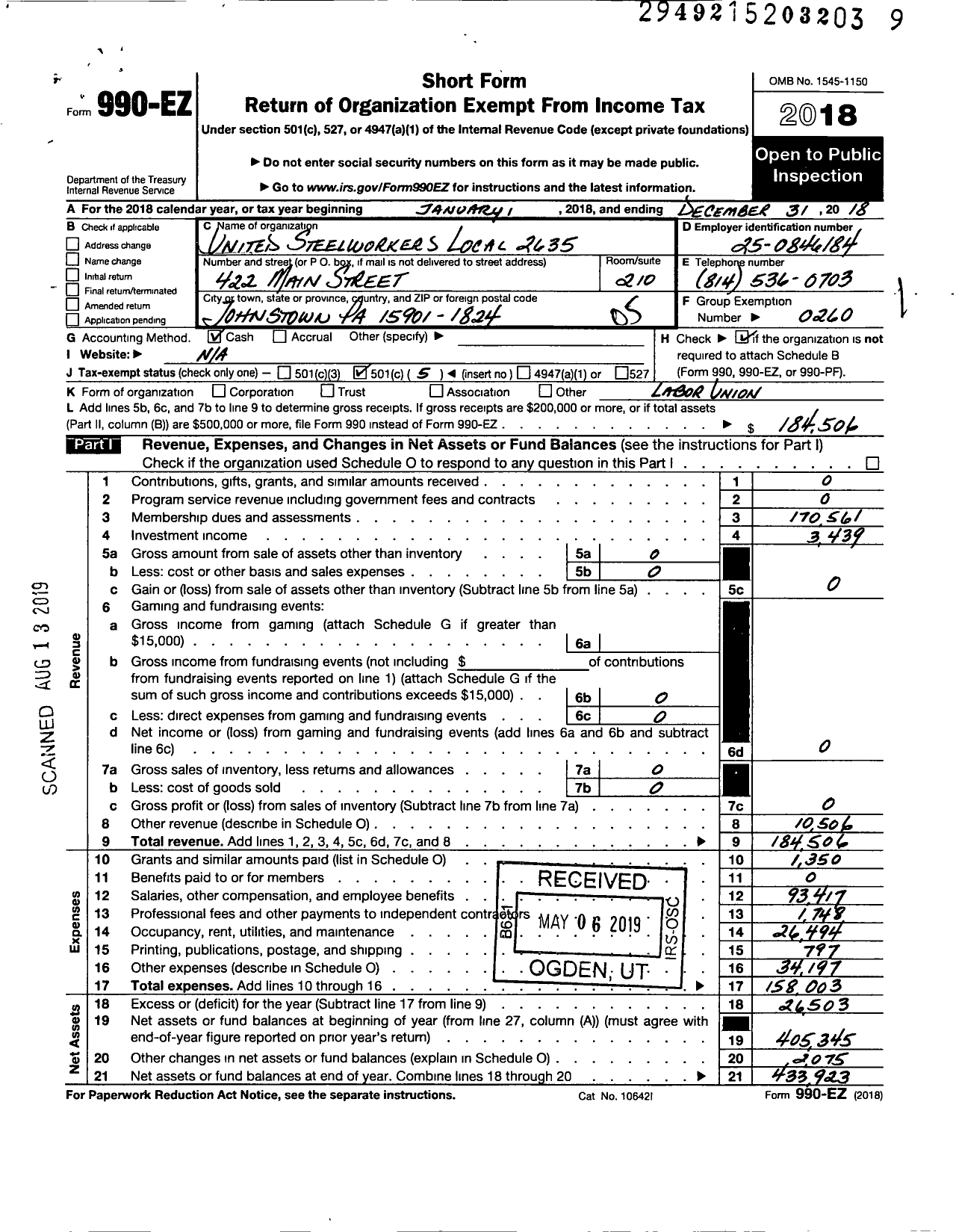 Image of first page of 2018 Form 990EO for United Steelworkers - Local Union 02635