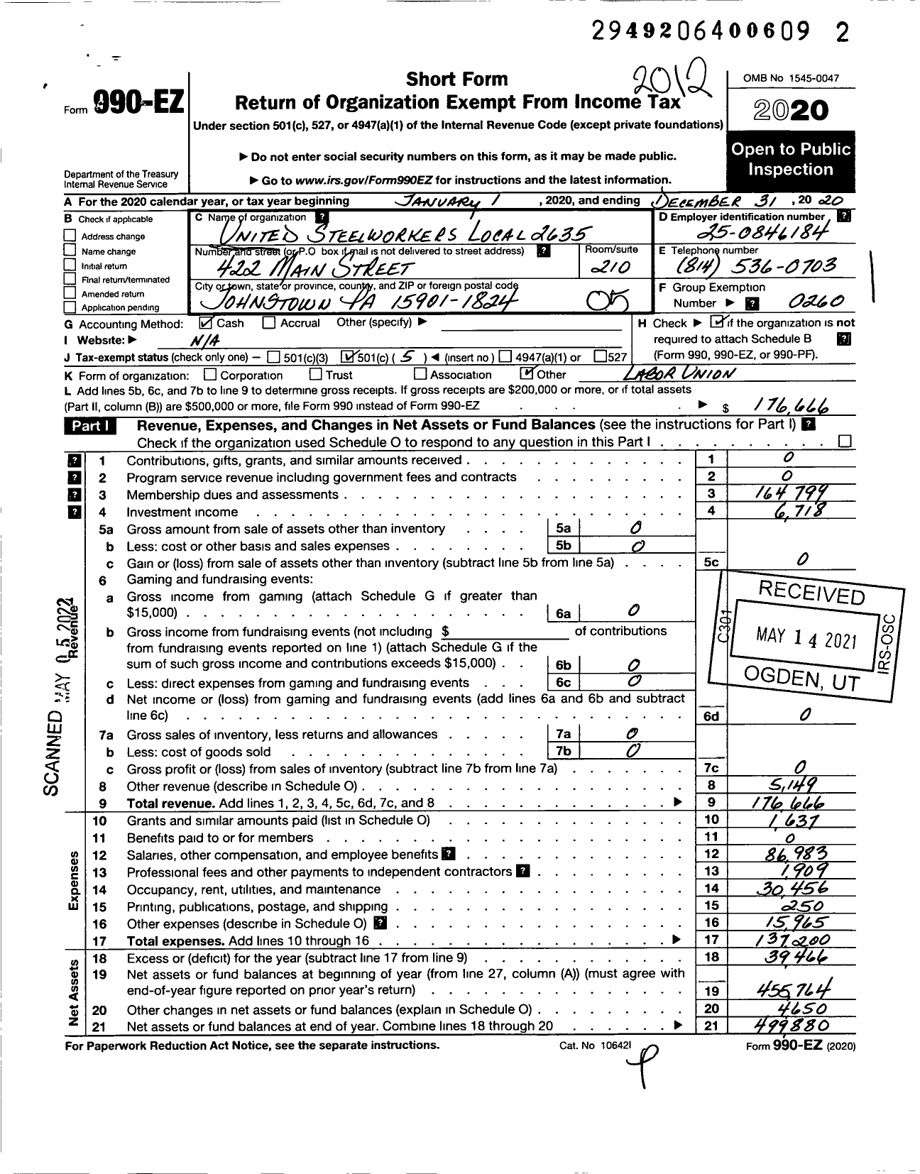 Image of first page of 2020 Form 990EO for United Steelworkers - Local Union 02635
