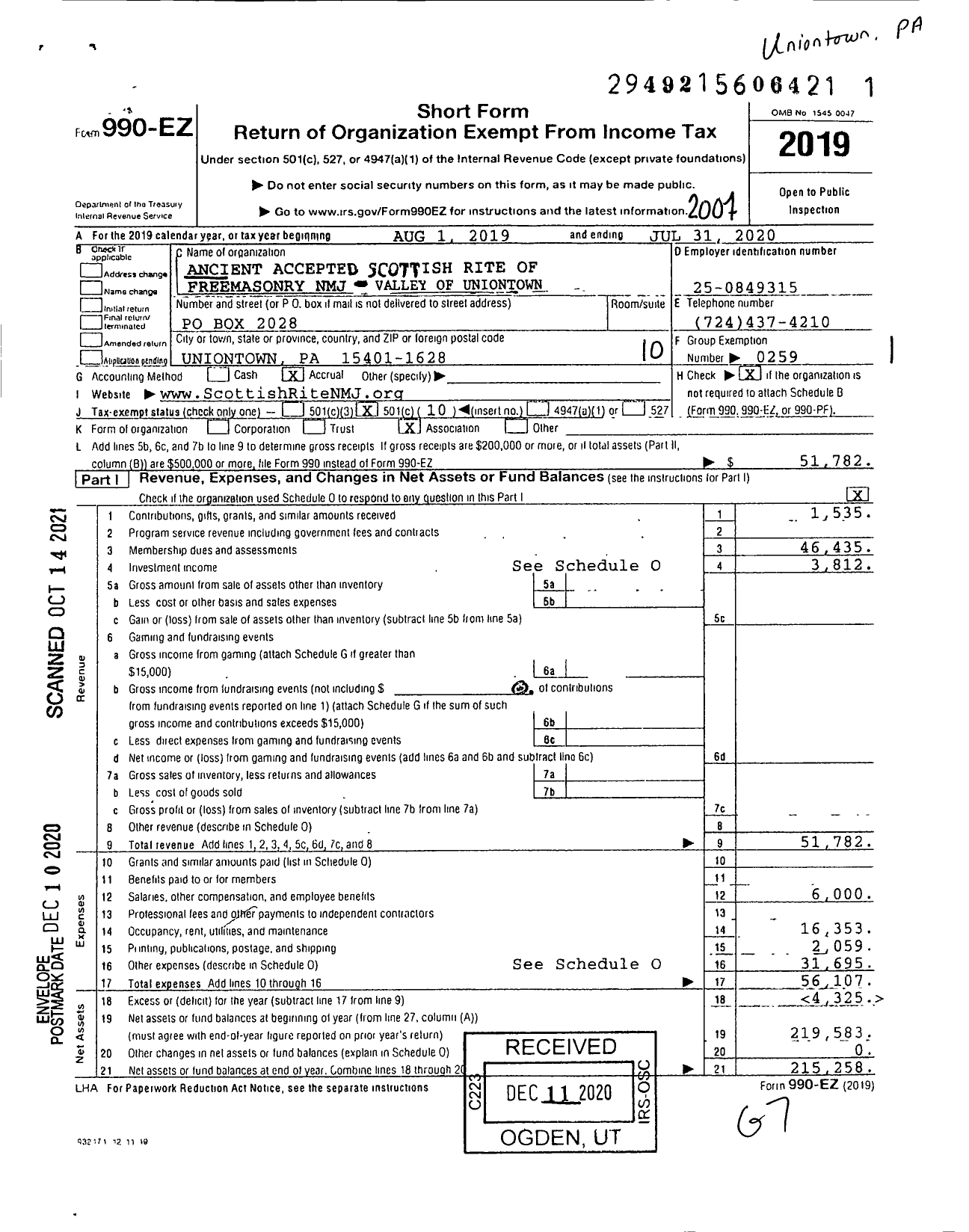 Image of first page of 2019 Form 990EO for Scottish Rite, NMJ - Valley of Uniontown