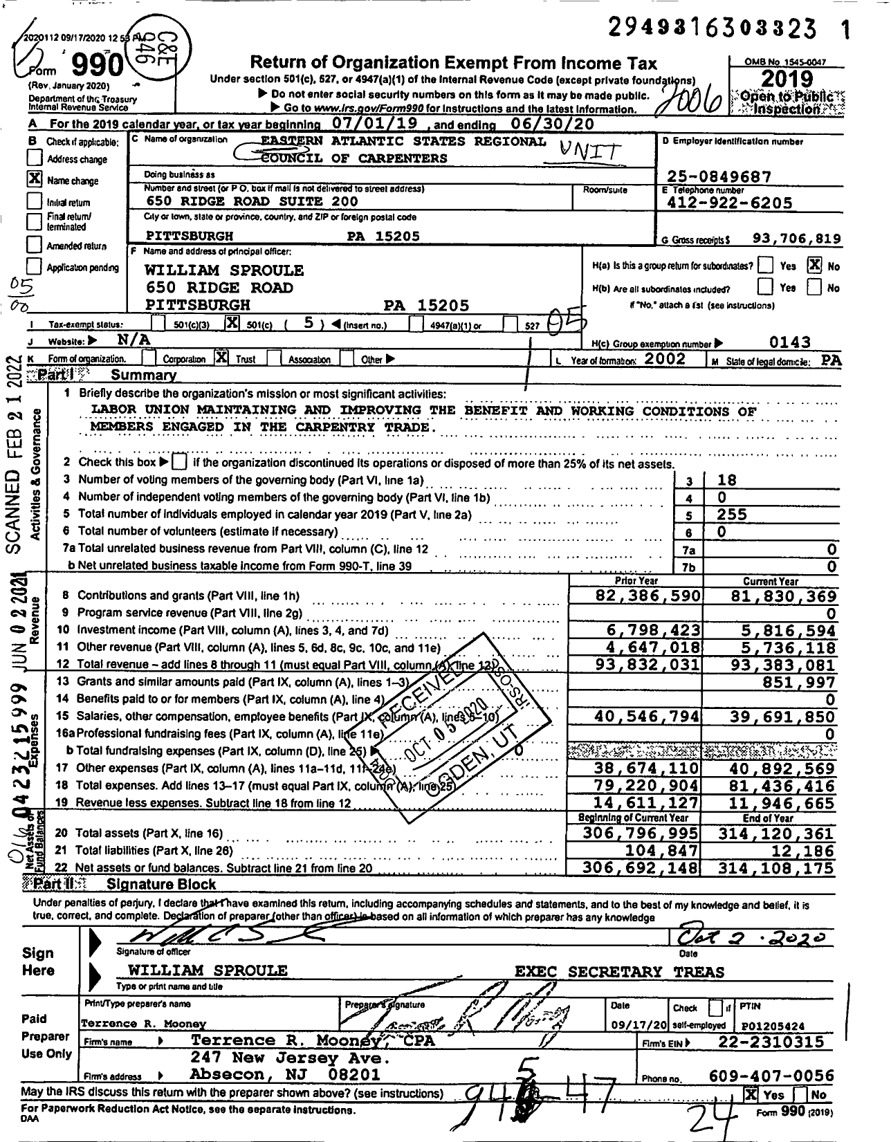 Image of first page of 2019 Form 990O for United Brotherhood of Carpenters & Joiners - Eastern Atlantic States Reg Co