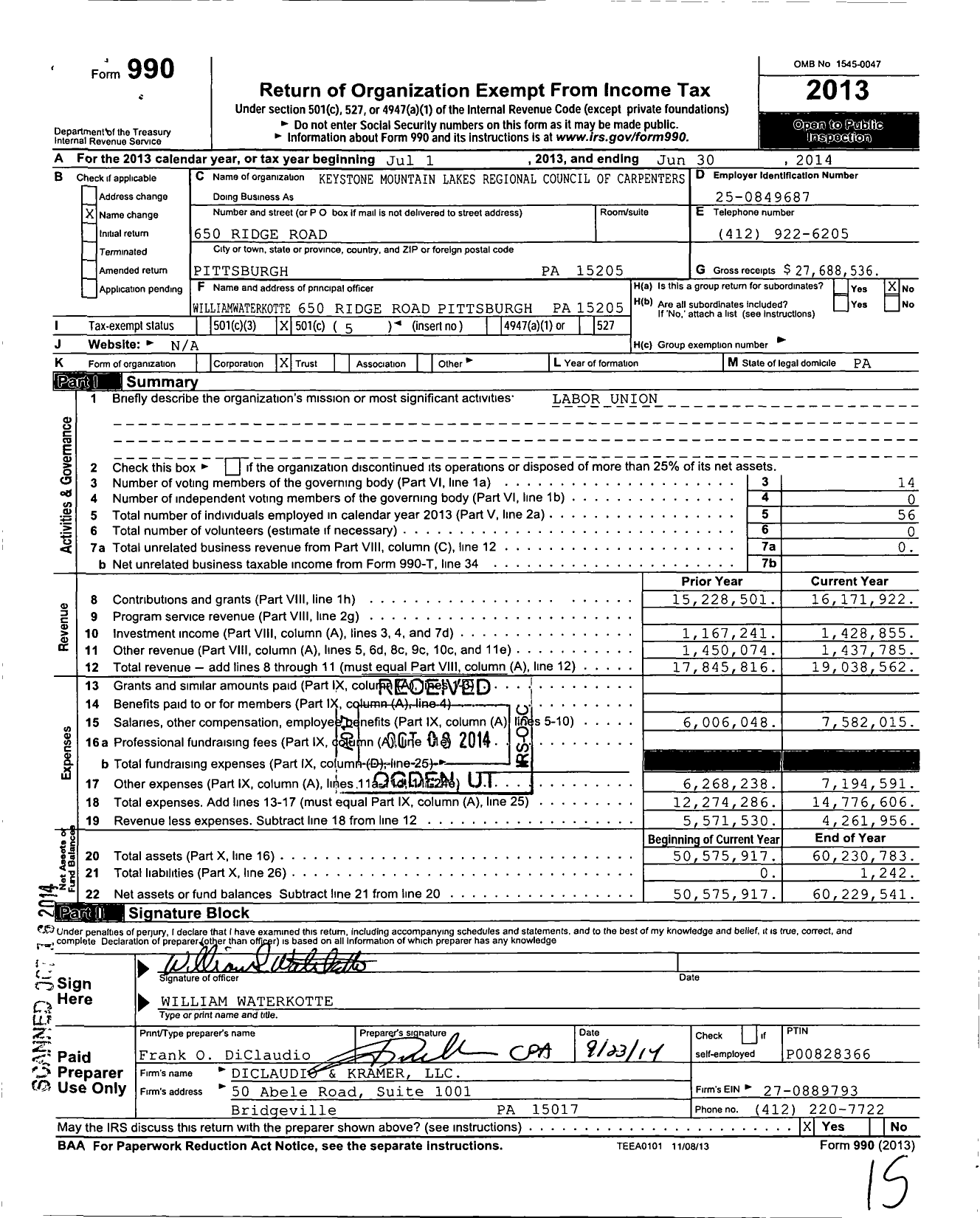 Image of first page of 2013 Form 990O for United Brotherhood of Carpenters & Joiners - Eastern Atlantic States Reg Co