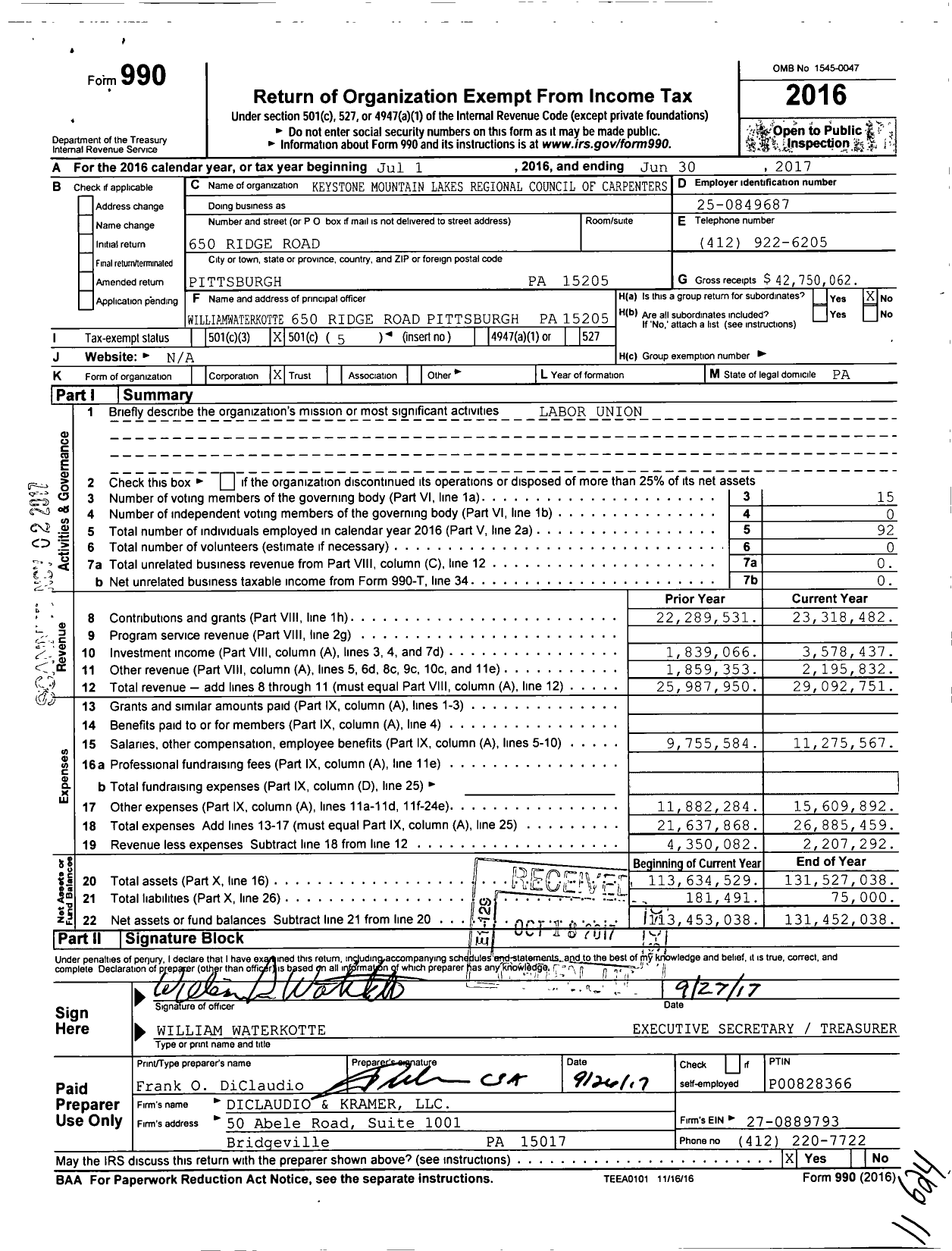 Image of first page of 2016 Form 990O for United Brotherhood of Carpenters & Joiners - Eastern Atlantic States Reg Co