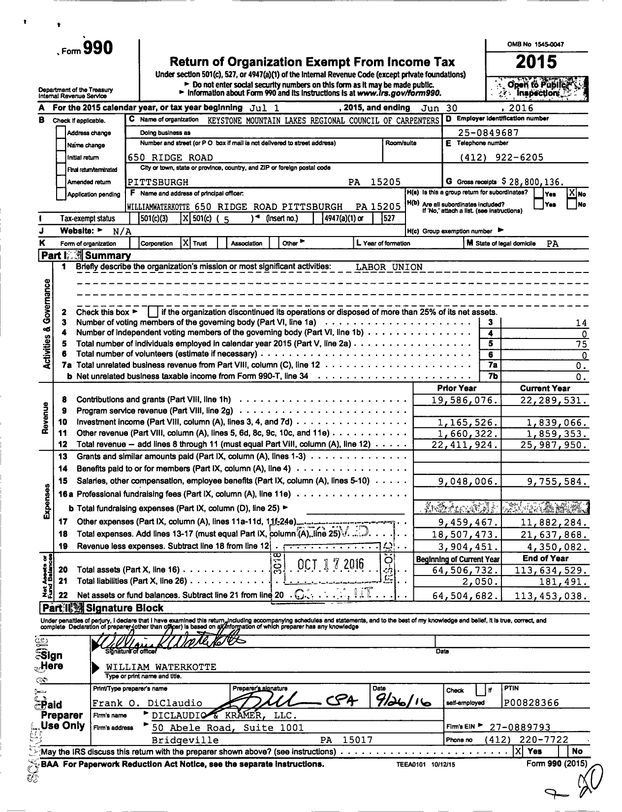 Image of first page of 2015 Form 990O for United Brotherhood of Carpenters & Joiners - Eastern Atlantic States Reg Co