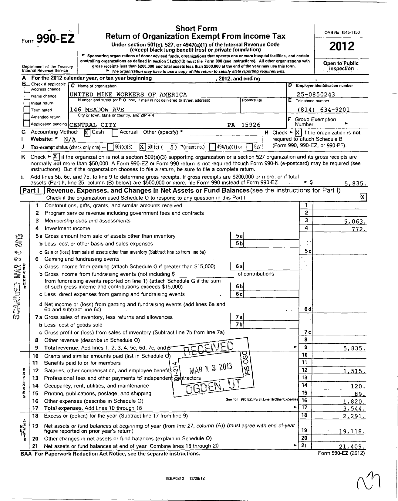 Image of first page of 2012 Form 990EO for United Mine Workers of America International - 6410 Local