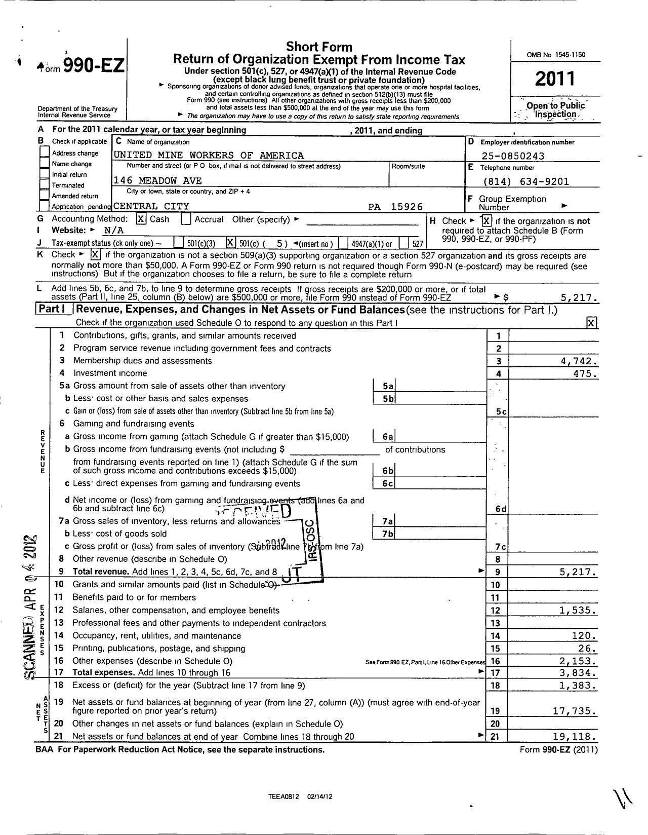 Image of first page of 2011 Form 990EO for United Mine Workers of America International - 6410 Local