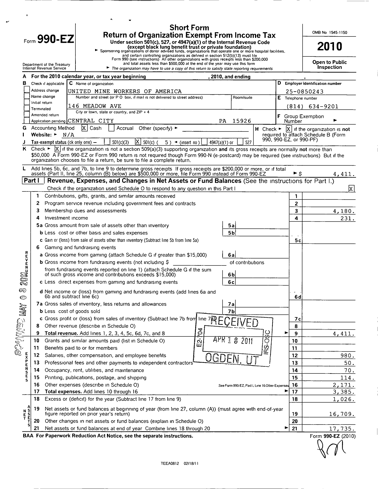 Image of first page of 2010 Form 990EO for United Mine Workers of America International - 6410 Local