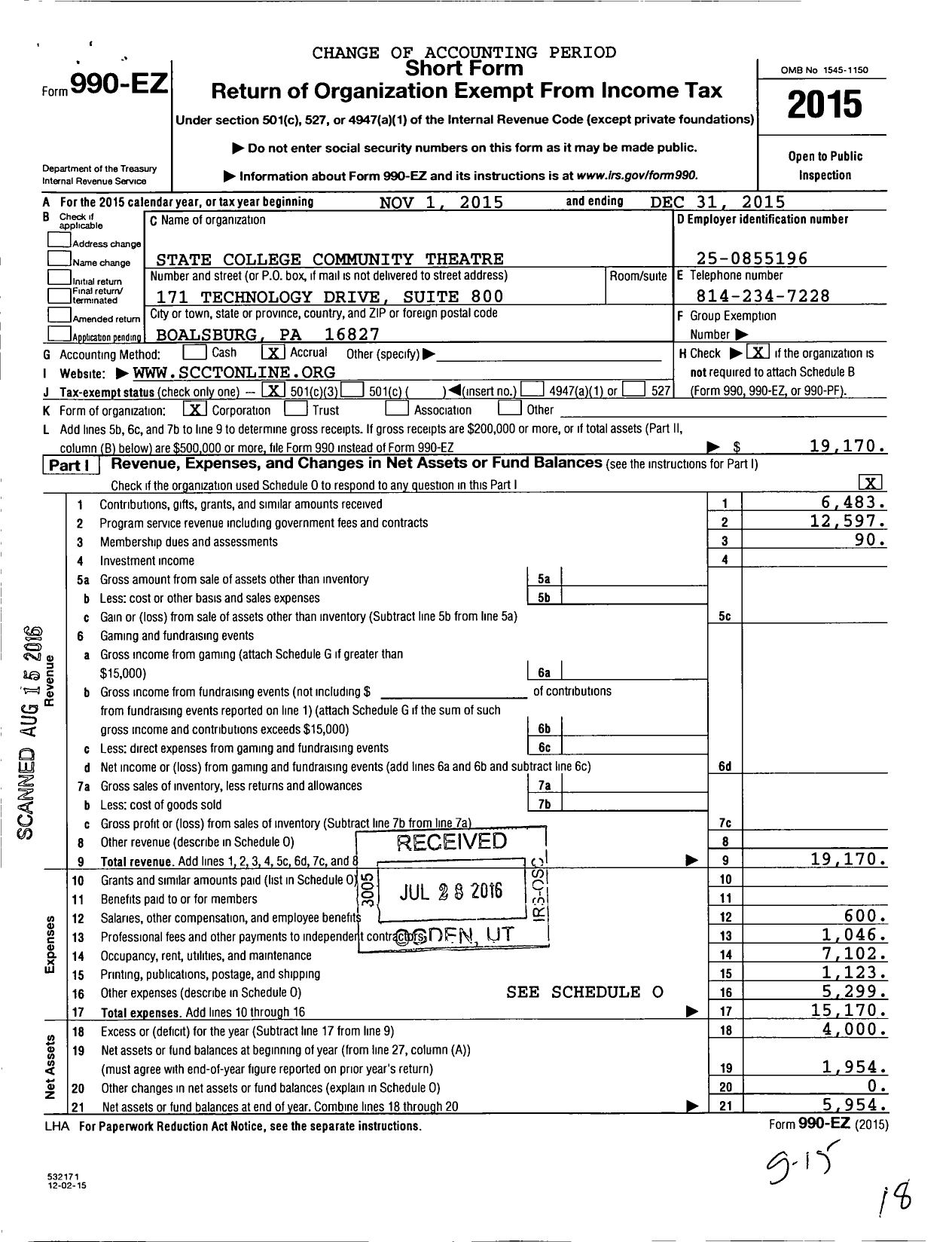 Image of first page of 2015 Form 990EZ for State College Community Theatre