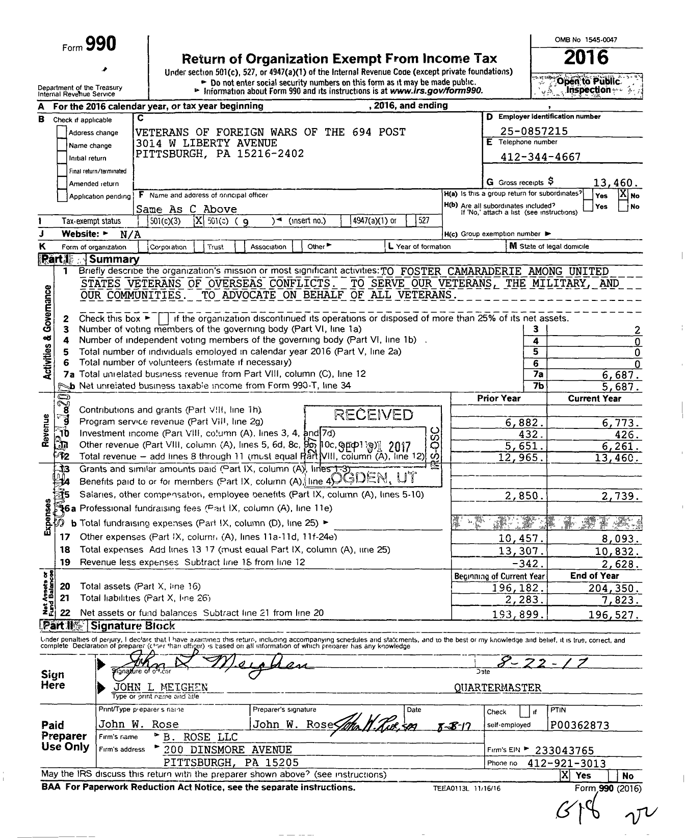 Image of first page of 2016 Form 990O for VFW Department of Pennsylvania - 694 Post