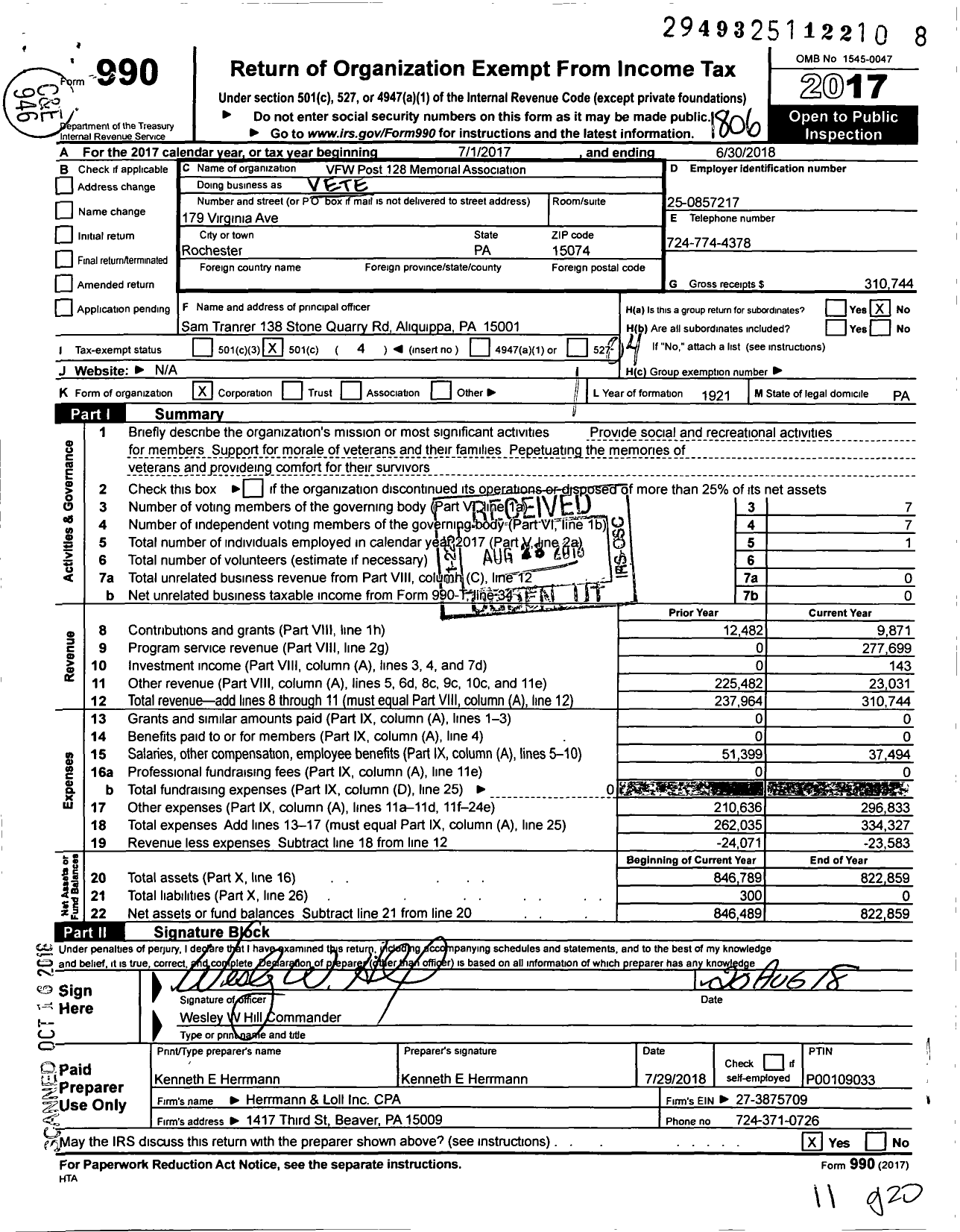 Image of first page of 2017 Form 990O for VFW Department of Pennsylvania - 128 VFW -Penn