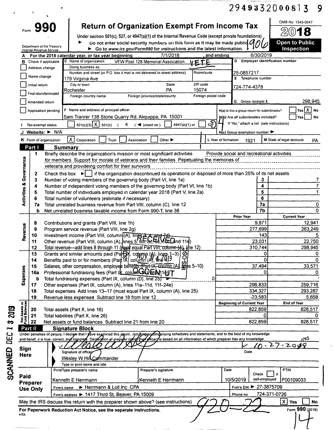Image of first page of 2018 Form 990O for VFW Department of Pennsylvania - 128 VFW -Penn