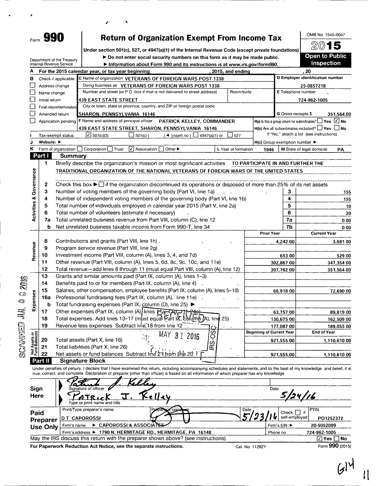 Image of first page of 2015 Form 990 for VFW Department of Pennsylvania - 1338 Post