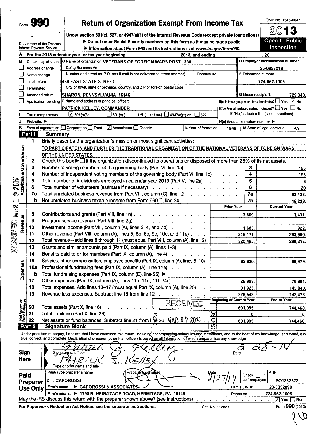 Image of first page of 2013 Form 990 for VFW Department of Pennsylvania - 1338 Post