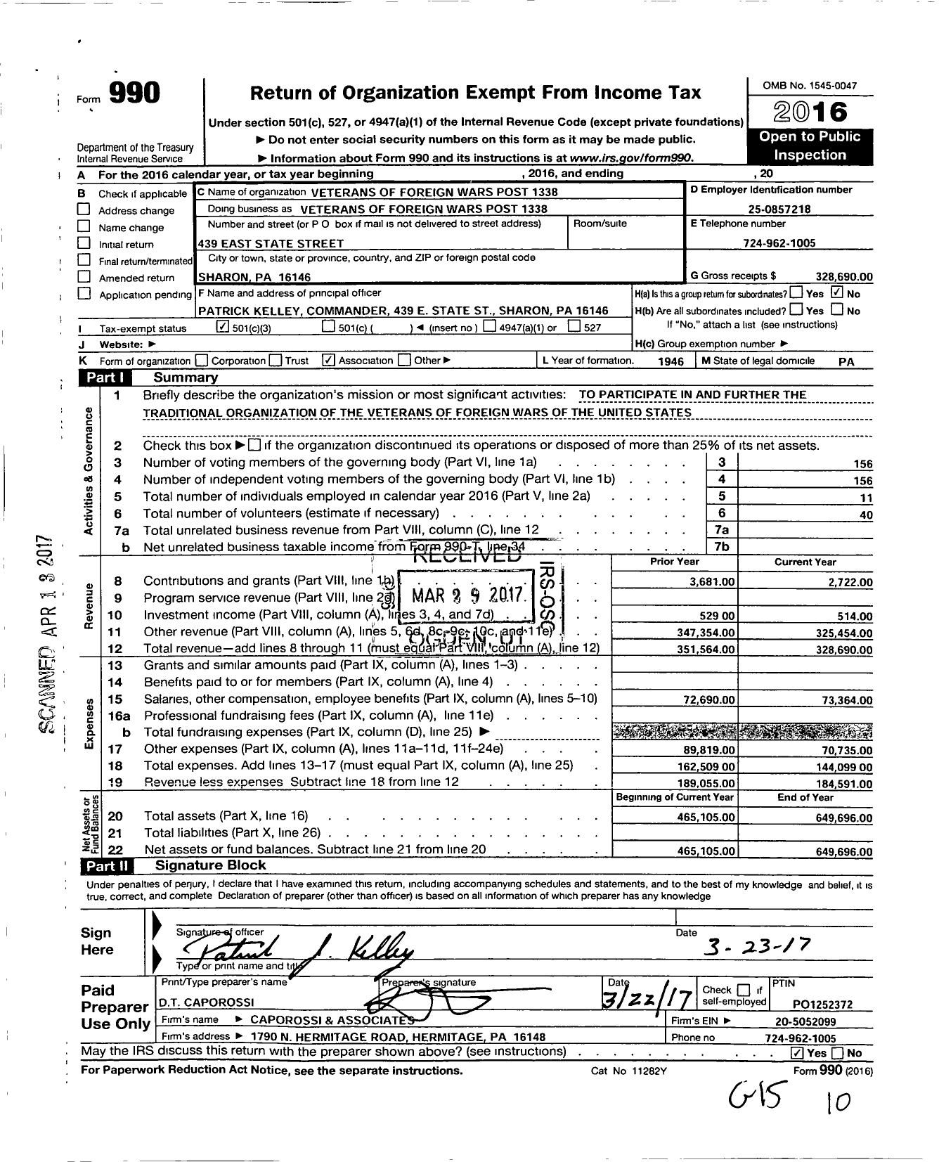 Image of first page of 2016 Form 990 for VFW Department of Pennsylvania - 1338 Post
