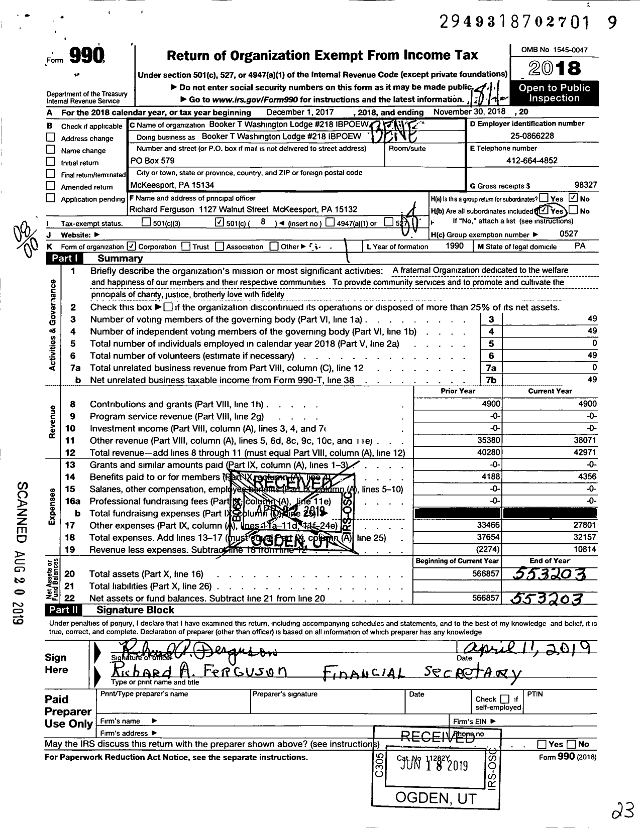 Image of first page of 2017 Form 990O for Improved Benevolent and Protective Order of Elks of the World - Booker T Washington Lodge #218ibpoe