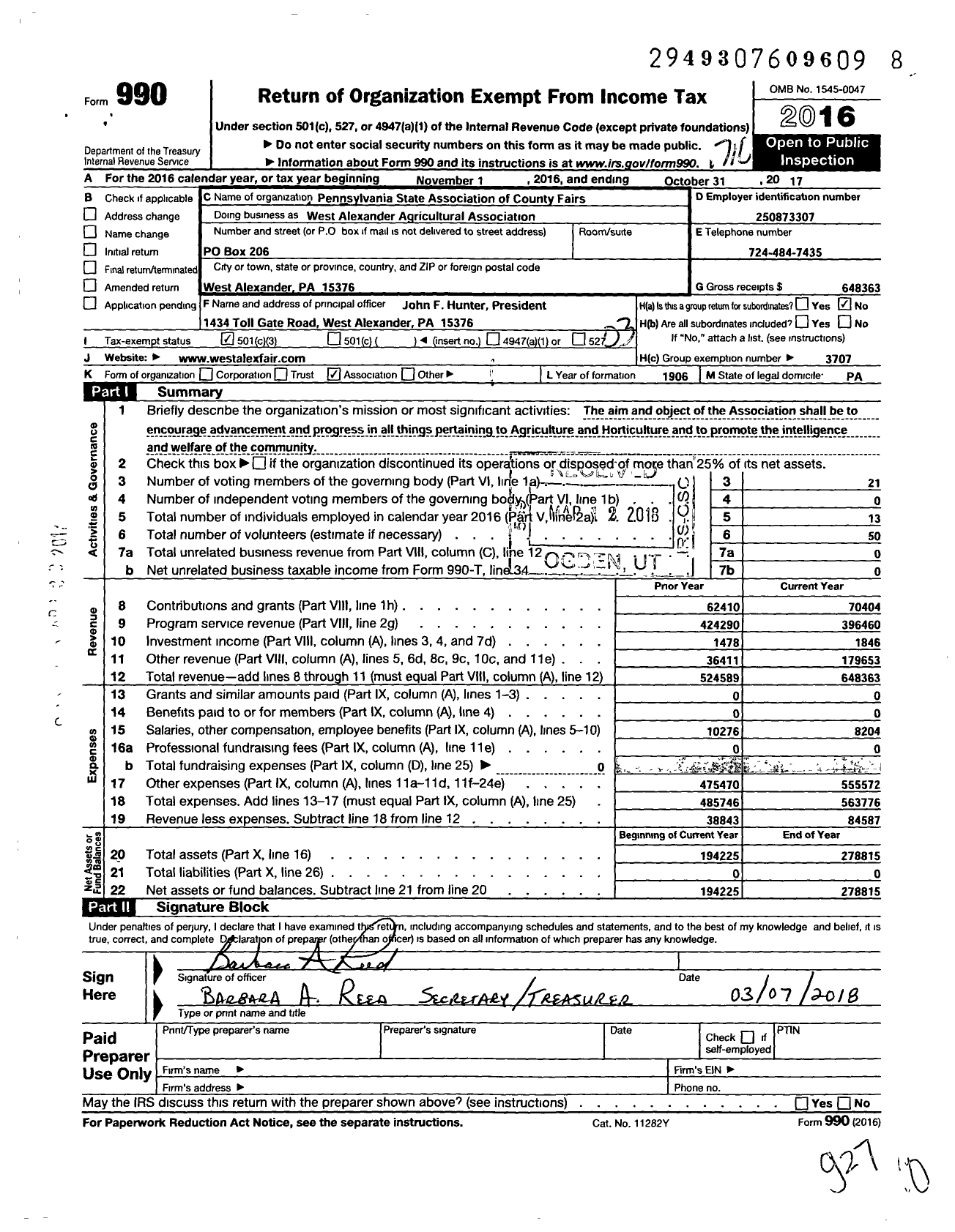 Image of first page of 2016 Form 990 for Pennyslvania State Association of County Fairs