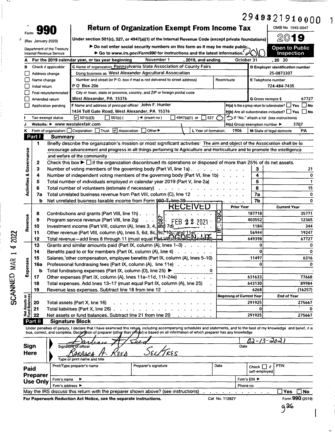 Image of first page of 2019 Form 990 for Pennyslvania State Association of County Fairs