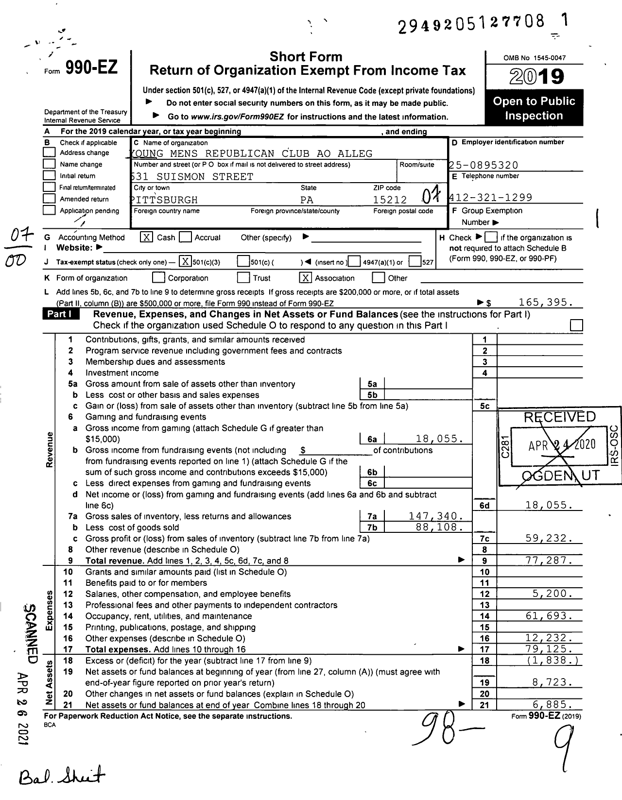 Image of first page of 2019 Form 990EZ for YOUNG MENS REPUBLICAN CLUB Ao Alleg